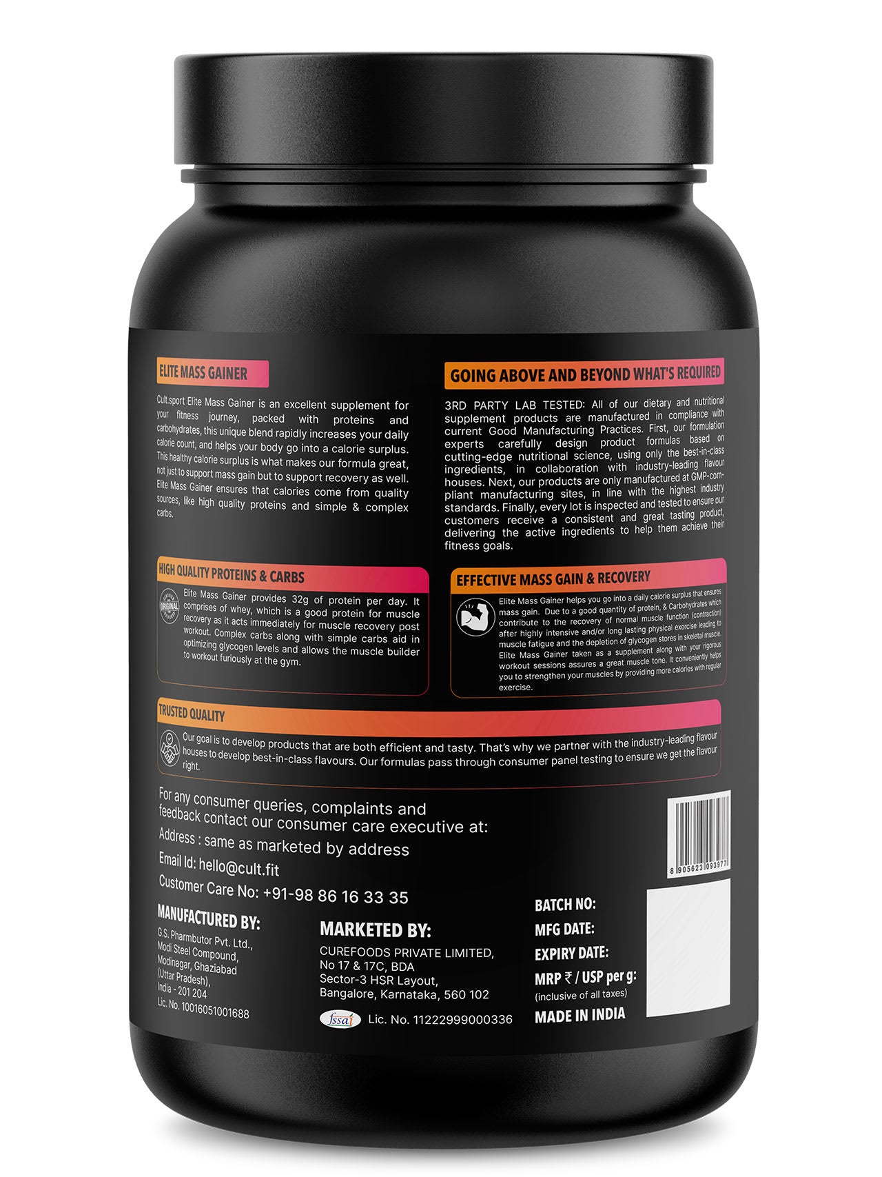 Cultsport Whey Mass Gainer | 20 Vital Vitamins & Minerals | Chocolate | Whey Protein Concentrate | Soy-Free | Gluten-Free | 0 Colesterol | Prebiotic Fiber
