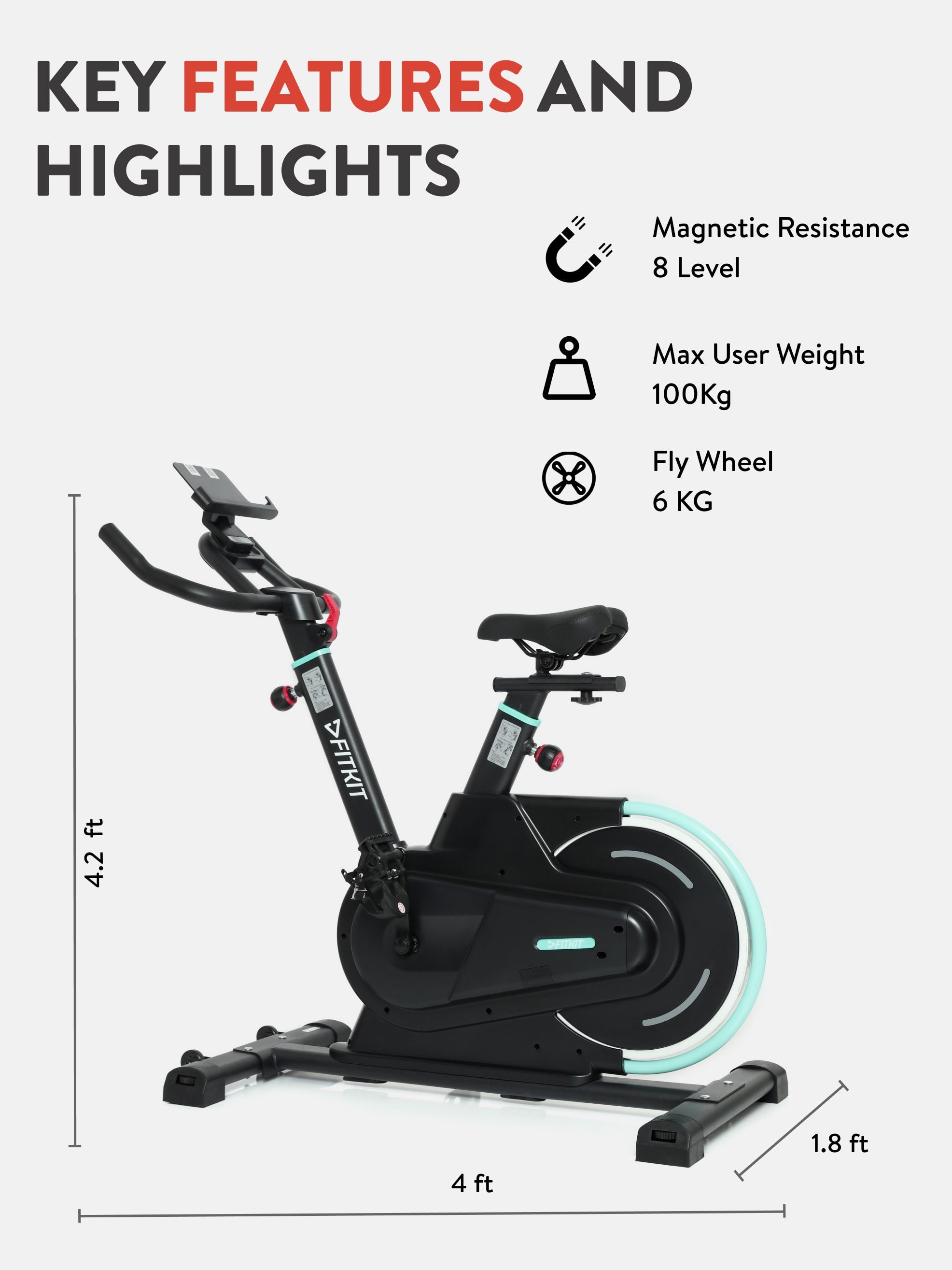 FK5000 NoiseFree Spin Bike Flywheel- 6kg, Max weight- 100 kg, Resistance Mechanism - Magnetic, Blue (with 6 months extended warranty)