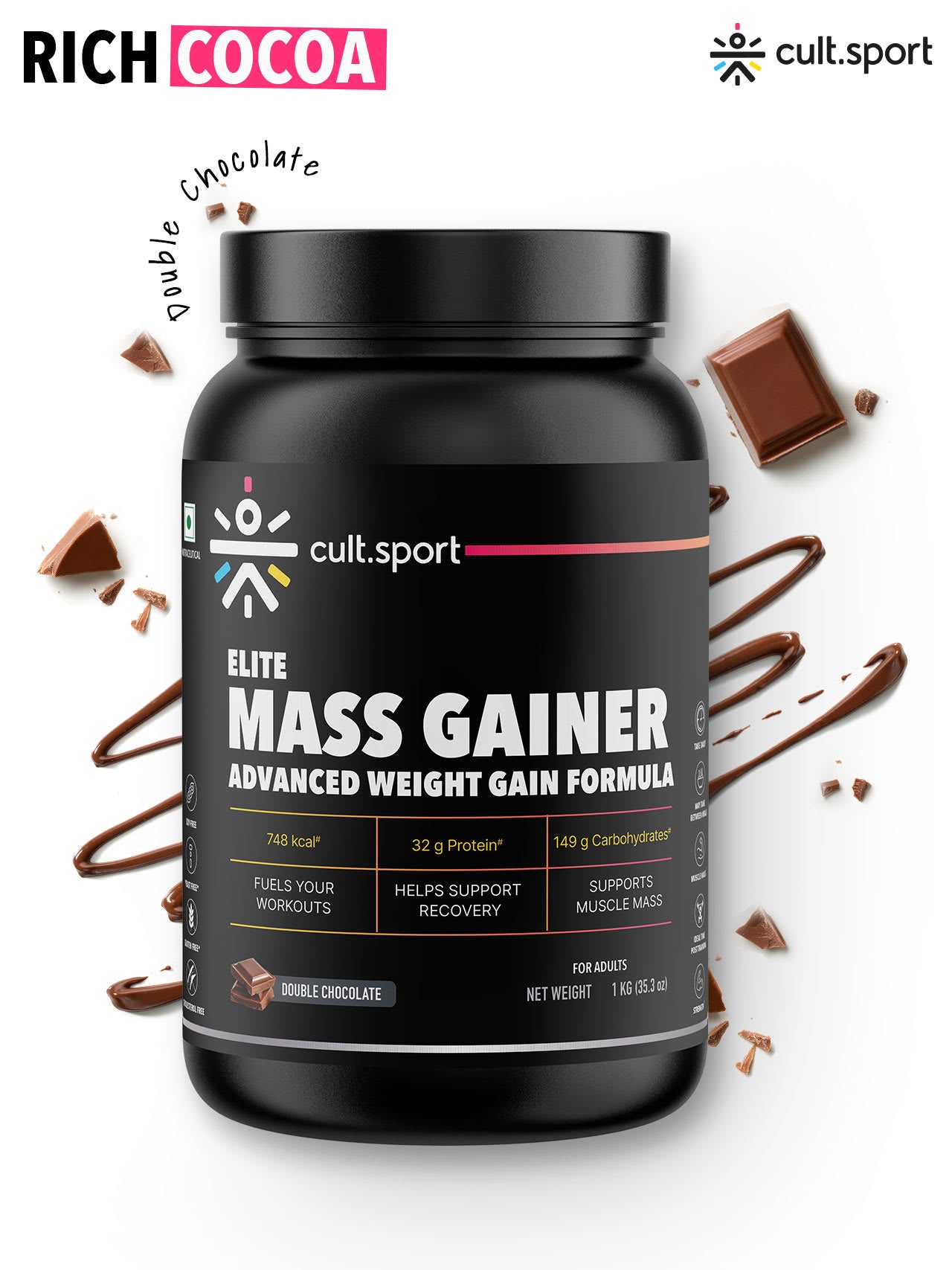 Cultsport Whey Mass Gainer | 20 Vital Vitamins & Minerals | Chocolate | Whey Protein Concentrate | Soy-Free | Gluten-Free | 0 Colesterol | Prebiotic Fiber