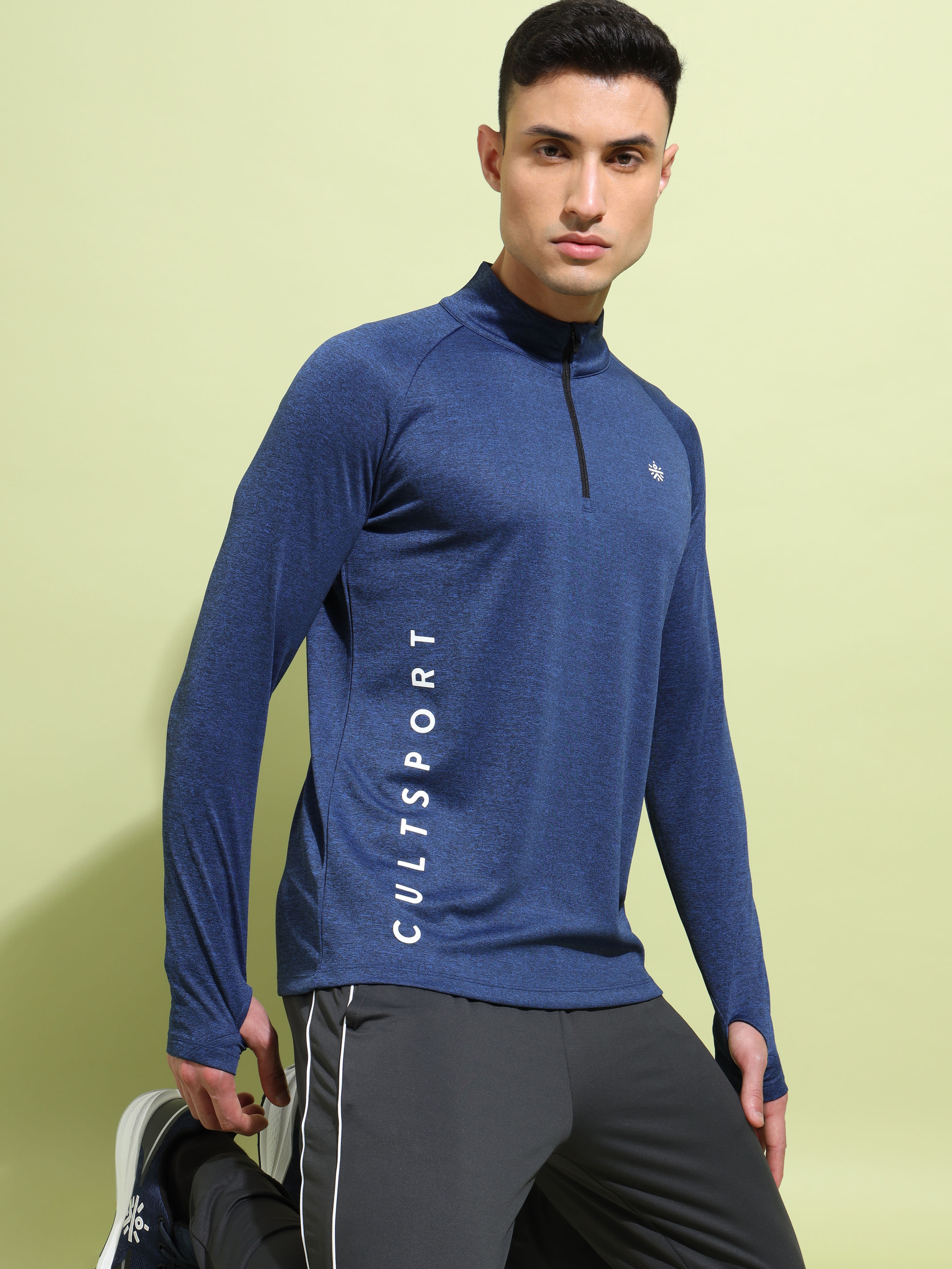 Melange High Neck T-shirt with Thumbholes