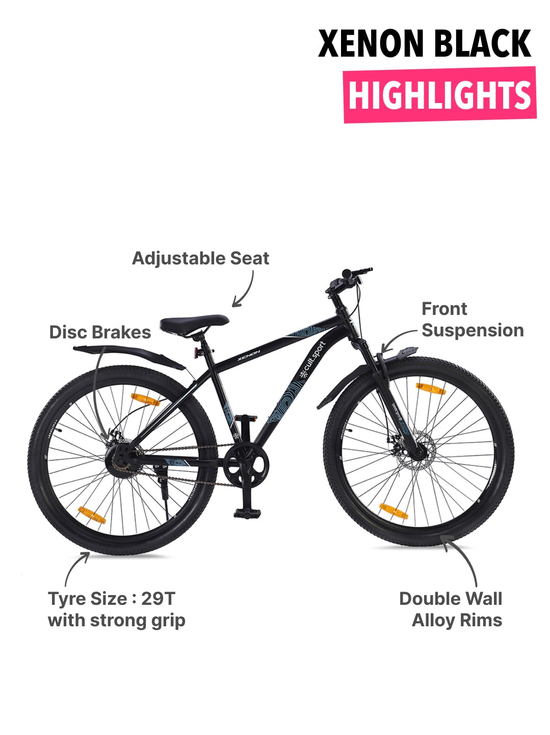 XENON29TBLACK Steel Single Speed 29 inch Mountain Cycle, Front Suspension and Double Wall Rim