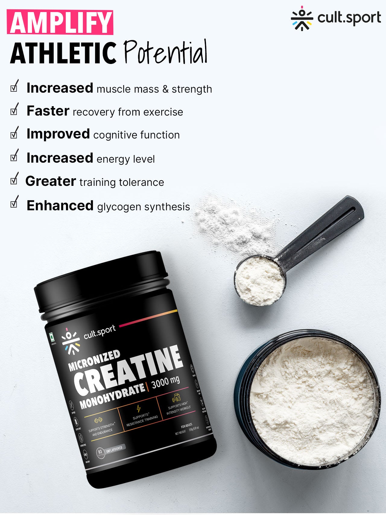 Cultsport Creatine Monohydrate 250 g | Micronised | 100% Vegetarian | Unflavoured | Dairy-Free | Gluten-Free