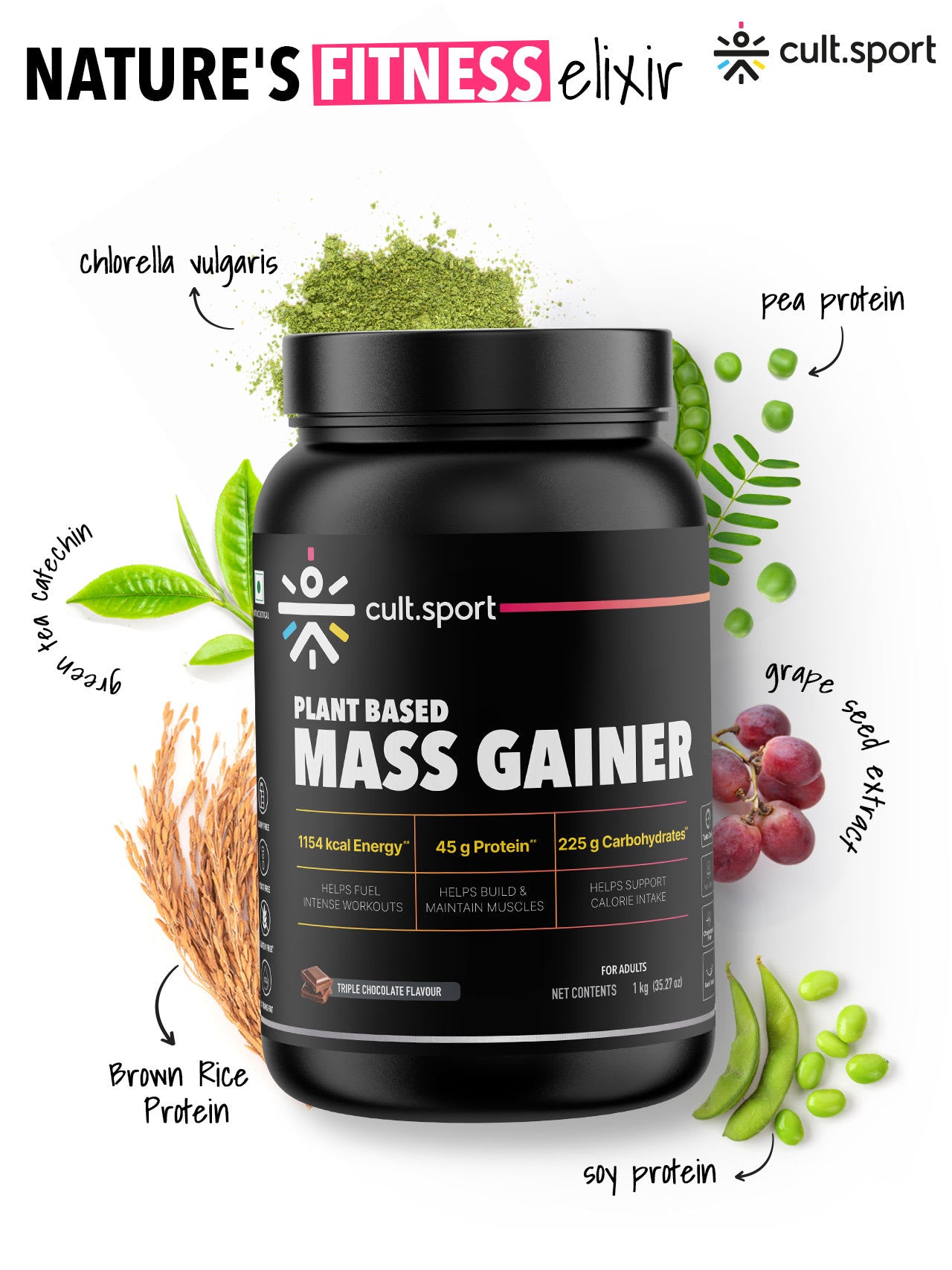Cultsport Plant-Based Mass Gainer | Triple Chocolate Flavour | Gluten-Free | Cholesterol-Free