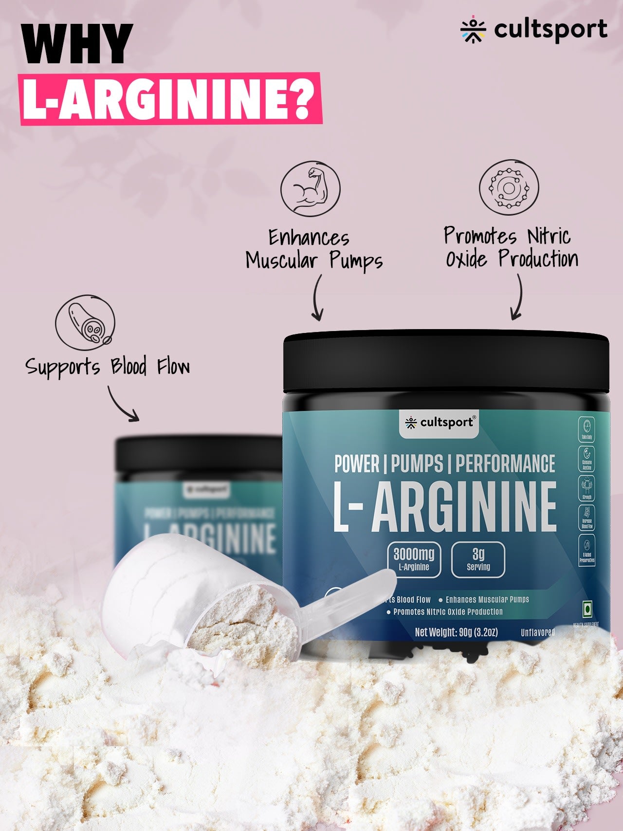 L Arginine Powder 90g (3000mg) | Boost Nitric Oxide Levels | Pre Workout Supplement for Men & Women | Improves Energy & Muscle Pump Unflavoured - 30 Servings