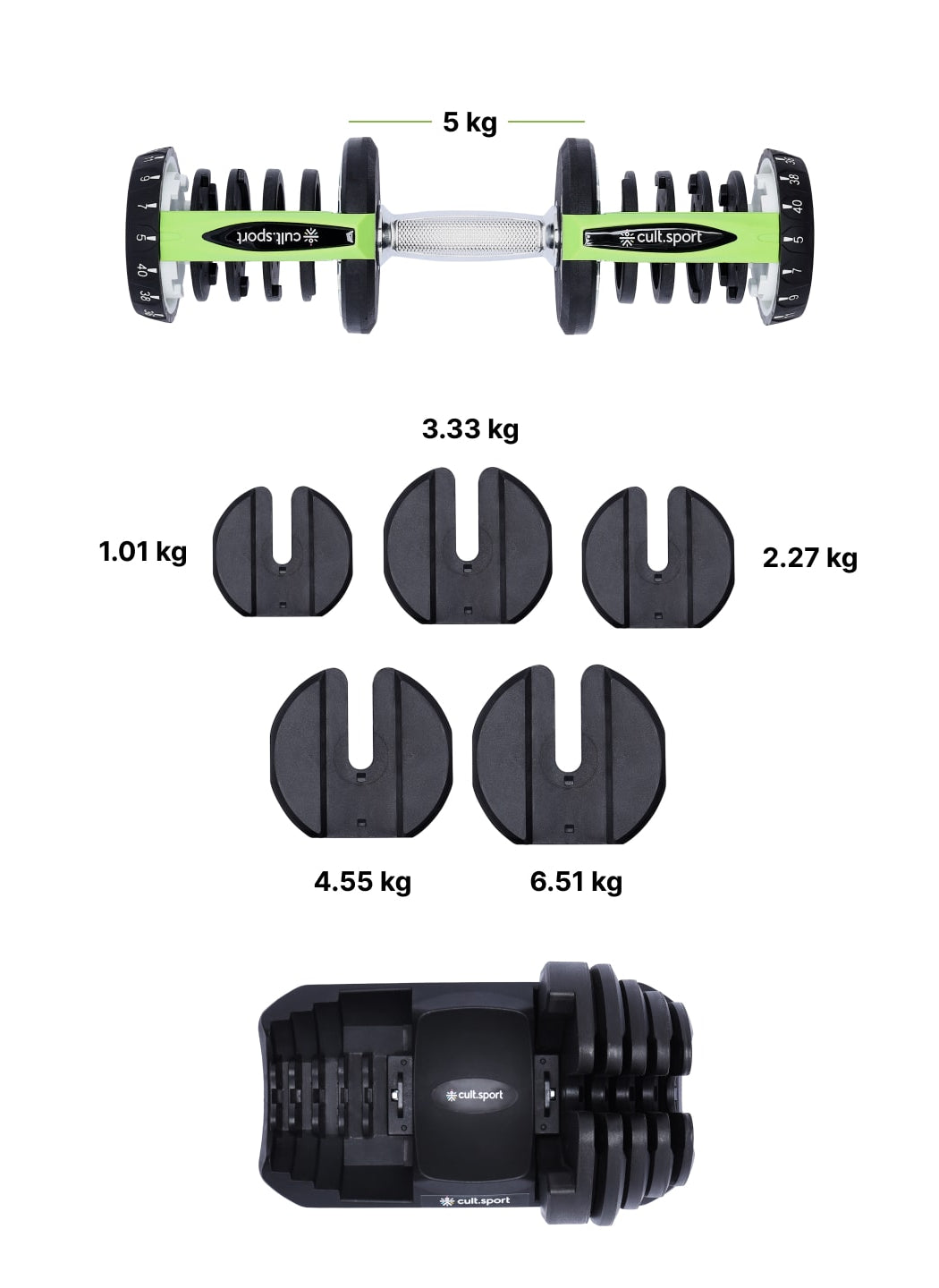 40 kg Compact Adjustable Dumbbell (5kg to 40kg), Easy Weight Change: 17-in-1 (1 piece) (6 Months extended Warranty only on Cultsport.com)