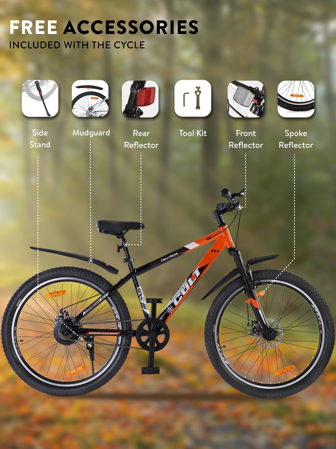 DAUNTLESS26TORANGEBLACK Steel Single Speed 26 inch Mountain Cycle, Dual Disc Brake, Front Suspension, Double Wall Rim