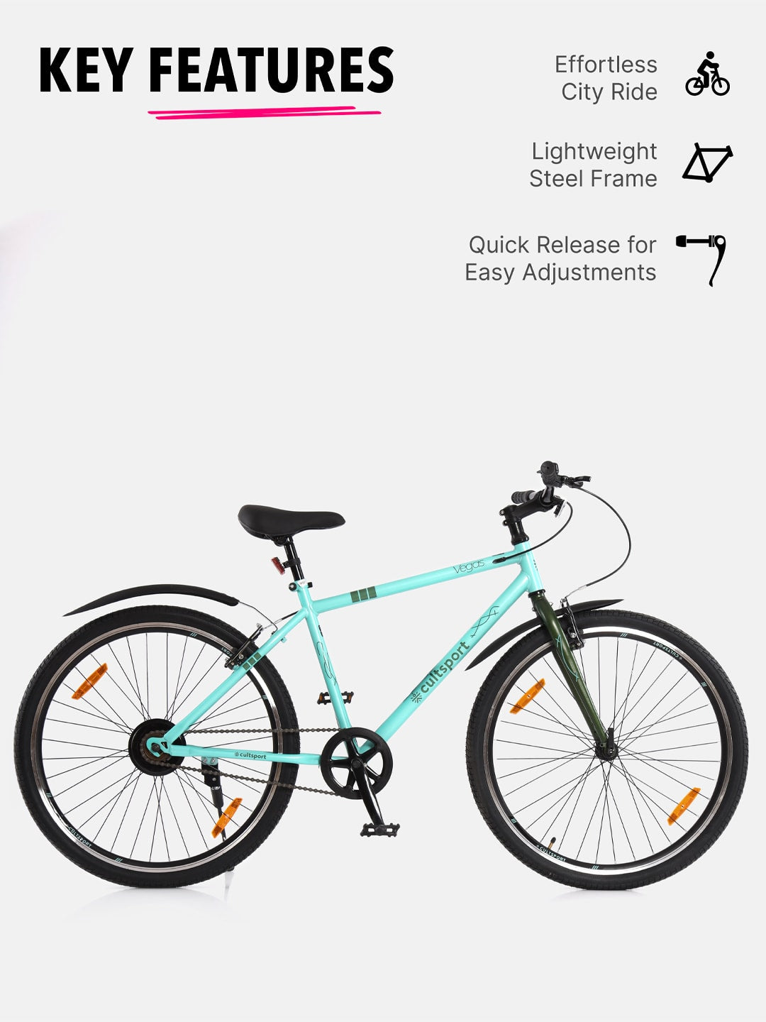 Vegas27.5Green Steel Single Speed Cycle 27.5 inch City Bike Double Wall Rim, Free Trainer Sessions, Cycling Event