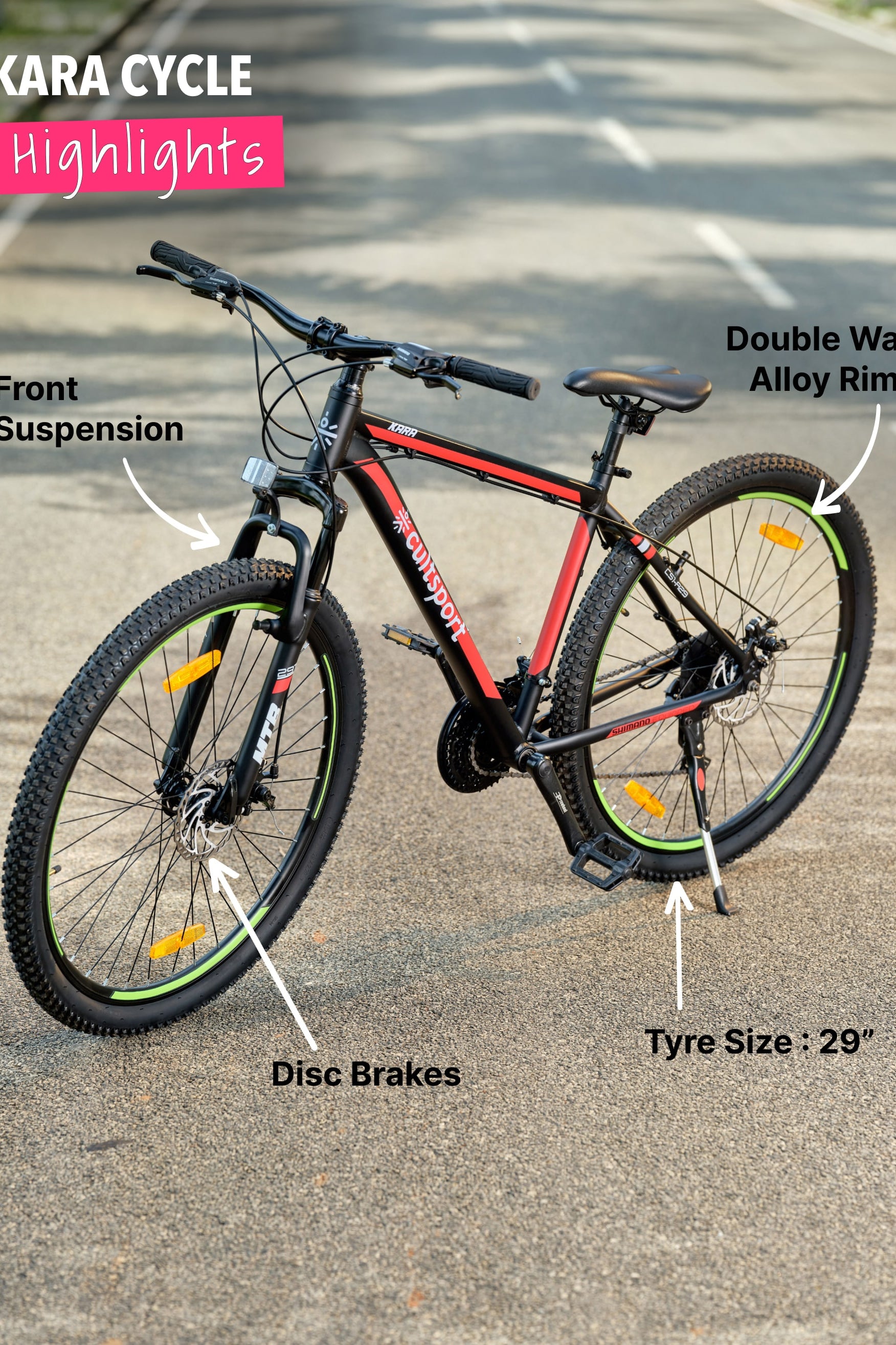 Kara Alloy 21 Speed Shimano Gear 29 inch Mountain Cycle, Dual Disc Brake, Front Suspension, Double Wall Rim Black, Free Trainer Sessions, Cycling Event