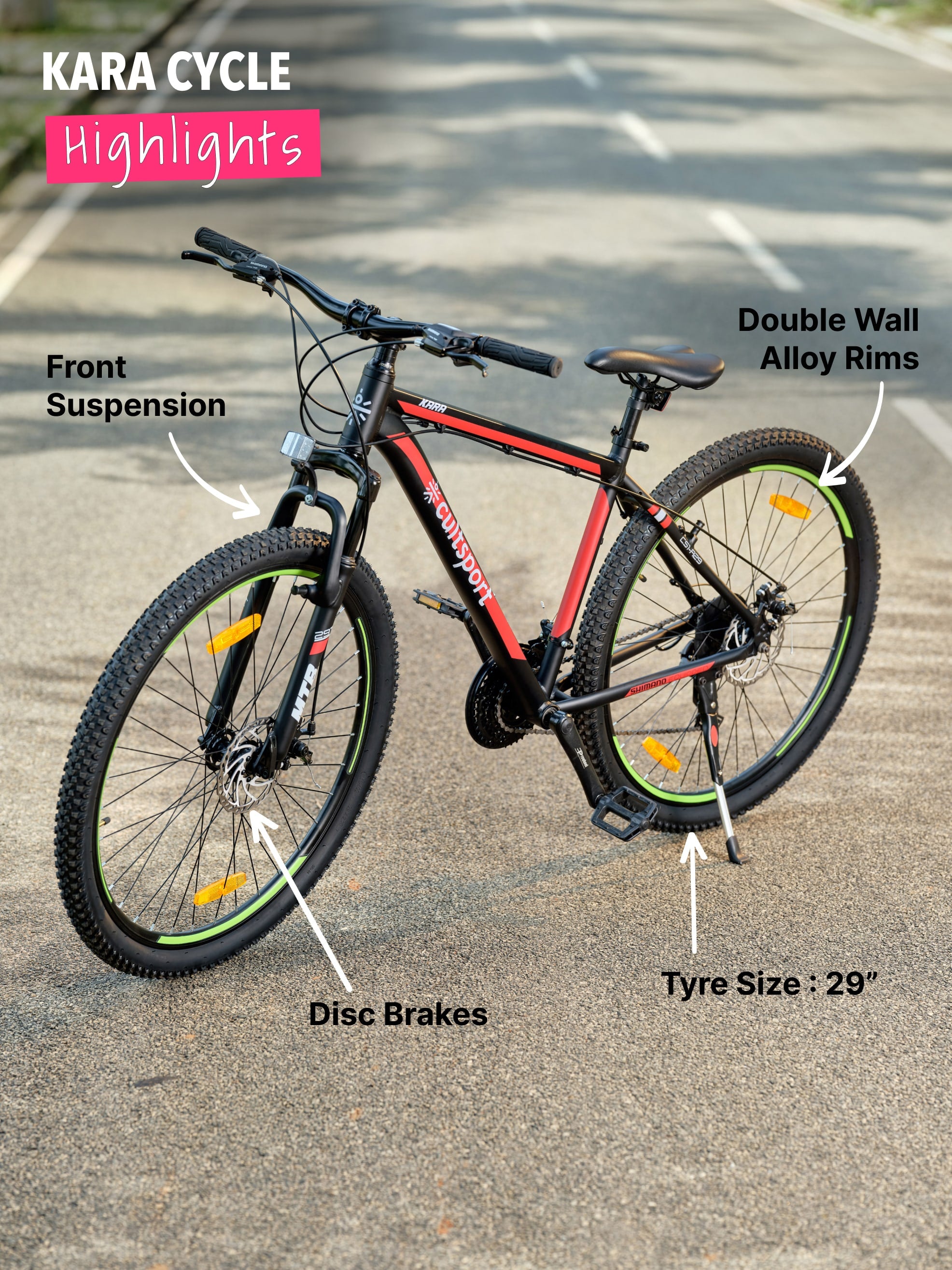 Kara Alloy 21 Speed Shimano Gear 29 inch Mountain Cycle, Dual Disc Brake, Front Suspension, Double Wall Rim Black, Free Trainer Sessions, Cycling Event