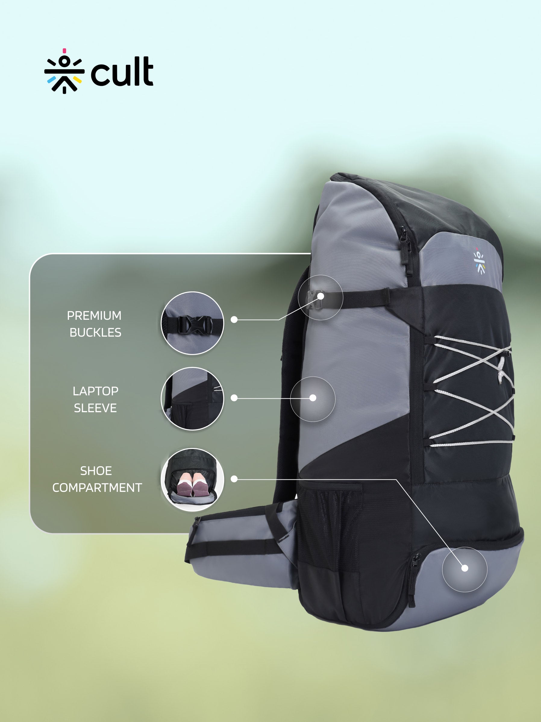 cult 65 Litre Travel Backpack Hiking Trekking Bag Camping Rucksack with Water Proof Rain Cover, Shoe Compartment Grey 