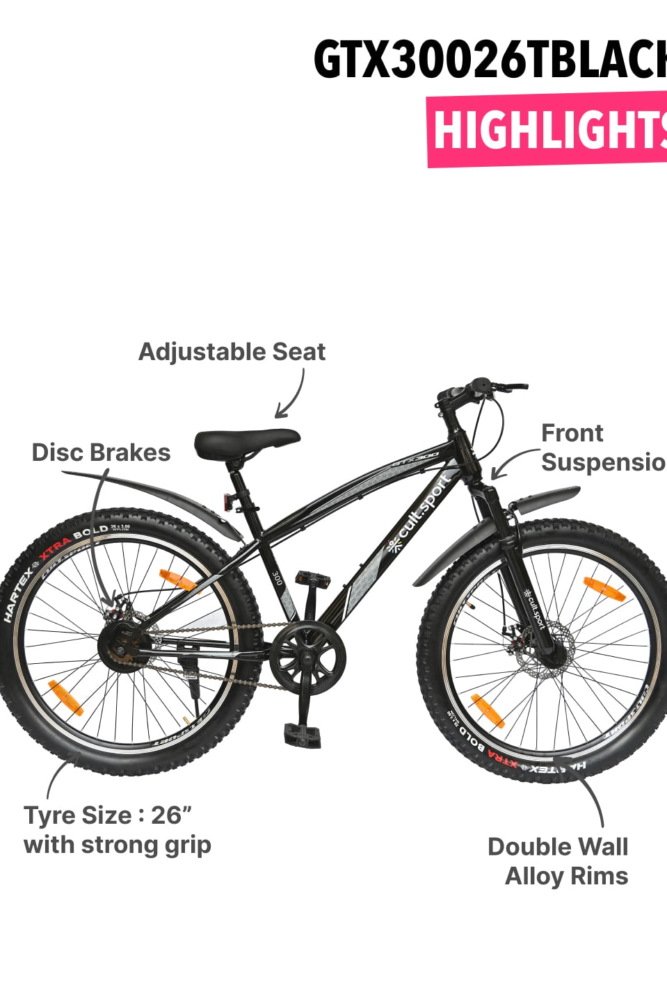 GTX30026TBLACK Steel Single Speed 26 inch Mountain Cycle, Front Suspension and Double Wall Alloy Rim,