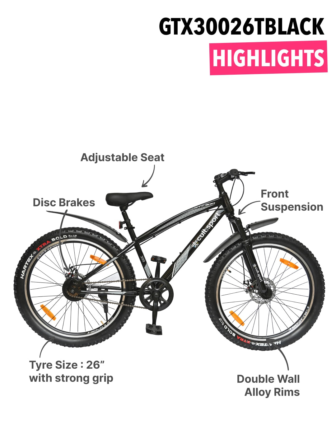 GTX30026TBLACK Steel Single Speed 26 inch Mountain Cycle, Front Suspension and Double Wall Alloy Rim,