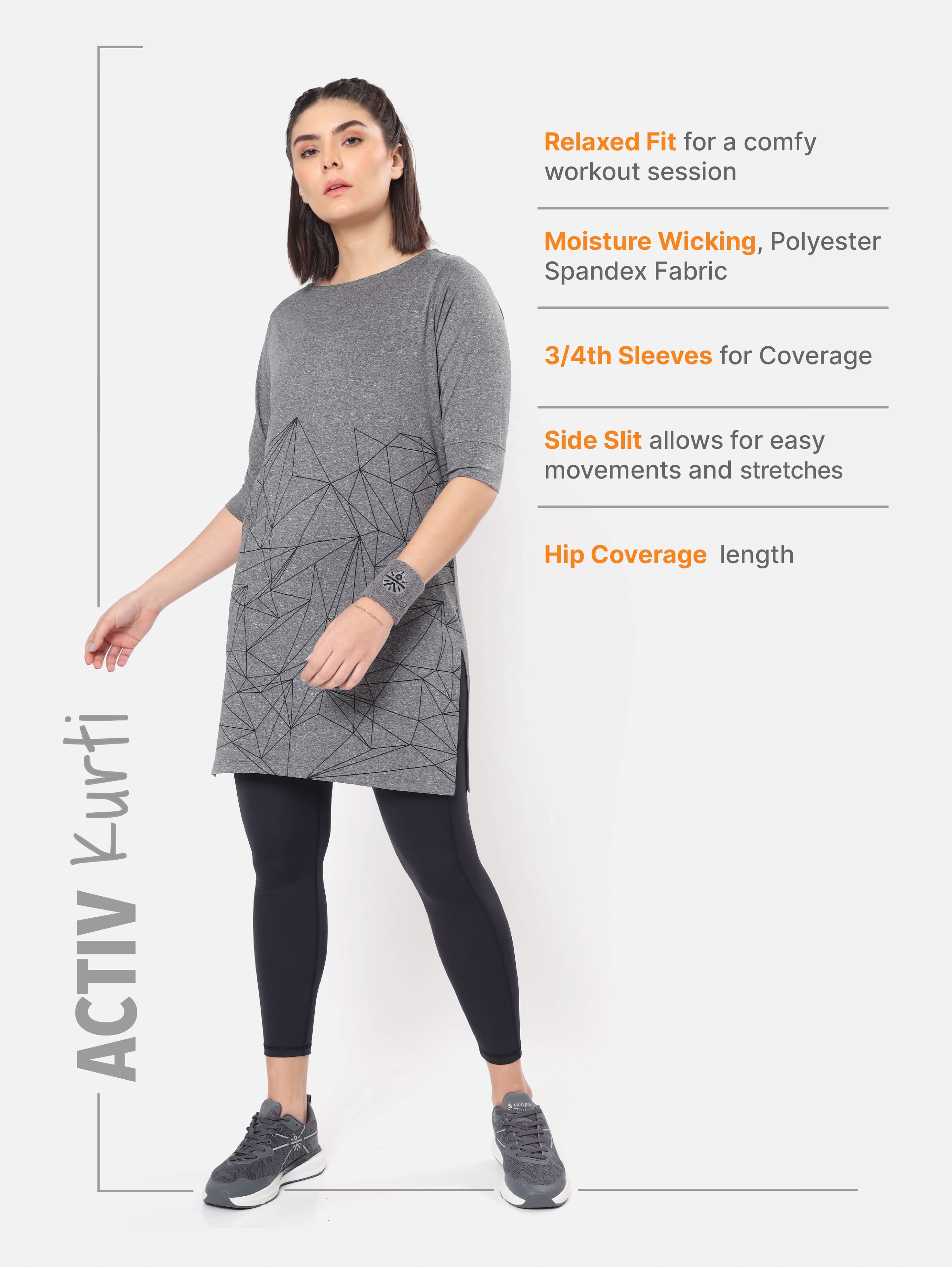 Printed Dark Grey Activ-Kurti with Side Pocket For Women