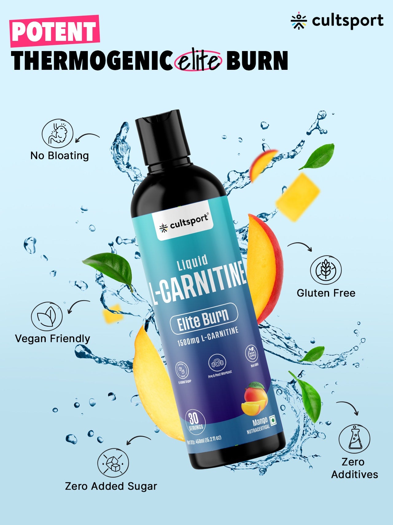 Liquid L Carnitine (450 ml) 1500mg with Vitamin B5 | Improves Energy, Fat Burner | Metabolism & Weight Management Supplement | Sugar-Free | Mango Flavour (15 ml serving)