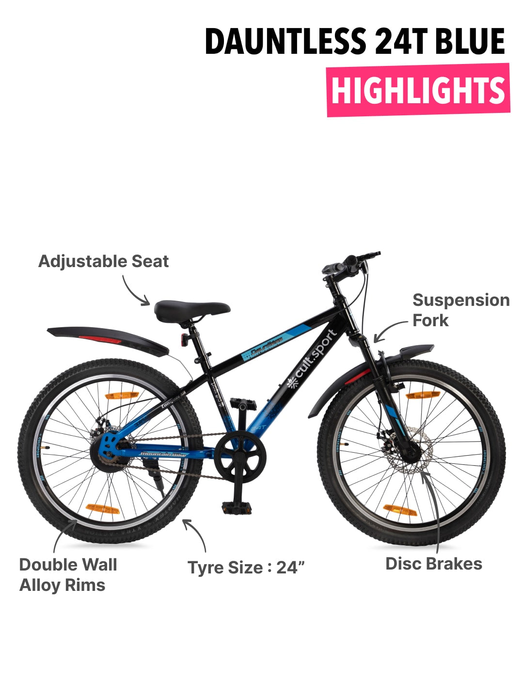 Dauntless24TBlue Steel Single Speed 24 inch Mountain Cycle, Front Suspension, Double Wall Rim and Dual Disc Bake