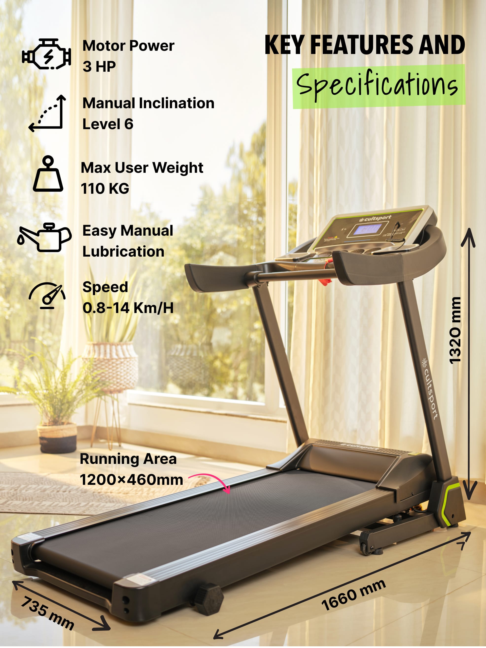 SmartrunC1 3HP Treadmill with 6-level Manual Incline | Max Speed-14kmph | Max Weight-110kg (with 6 Months Extended Warranty)