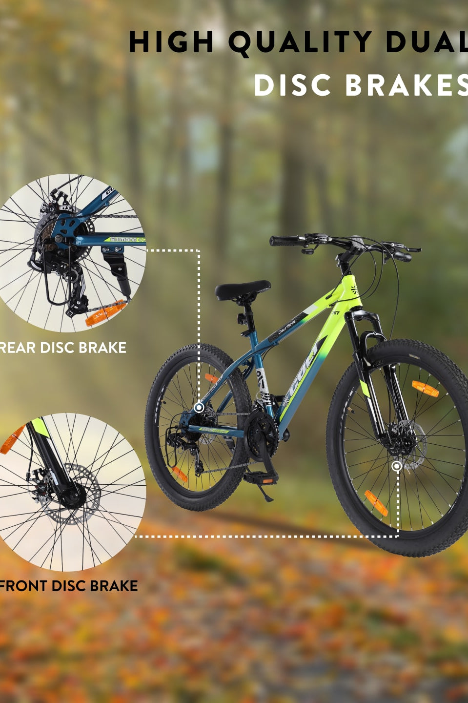 DAUNTLESS21S26TGREENBLUE Steel 21 Speed Shimano Gear 26 inch Mountain Cycle, Dual Disc Brake, Front Suspension, Double Wall Rim