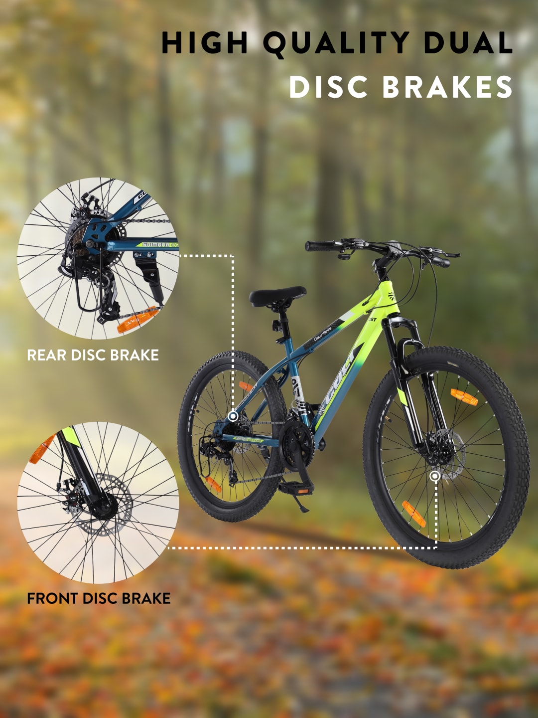 DAUNTLESS21S26TGREENBLUE Steel 21 Speed Shimano Gear 26 inch Mountain Cycle, Dual Disc Brake, Front Suspension, Double Wall Rim