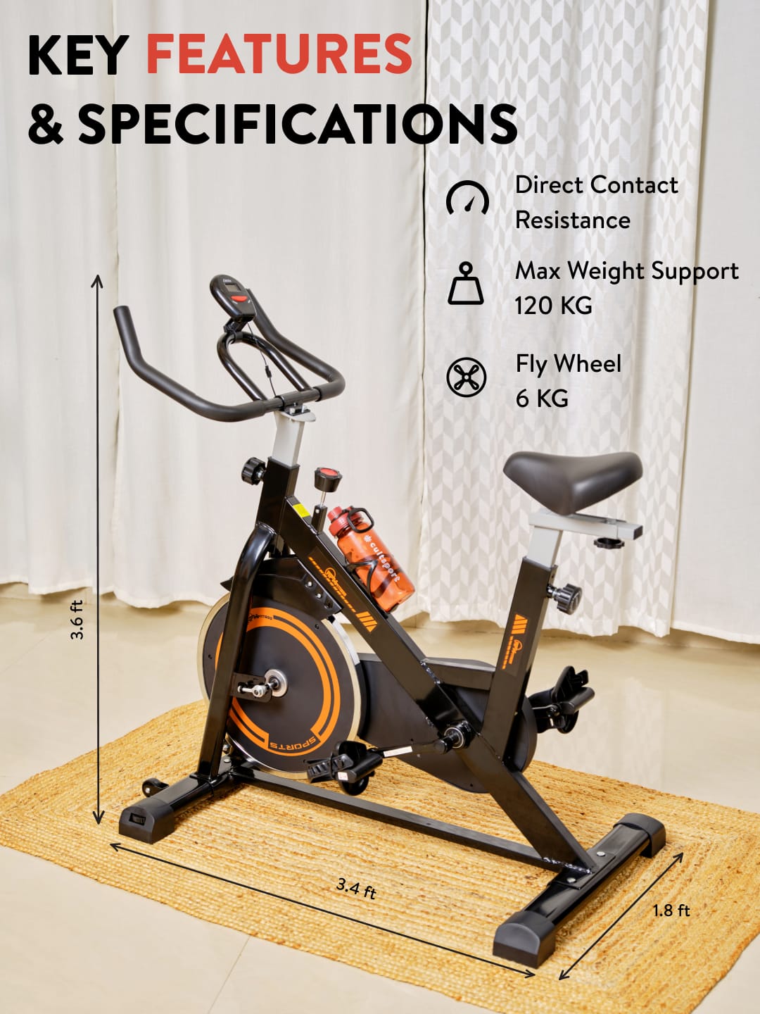 RPM610 Spinbike | 6kg Flywheel | Max Weight 120kg | Direct Contact Resistance | Orange (with 6 months extended warranty)