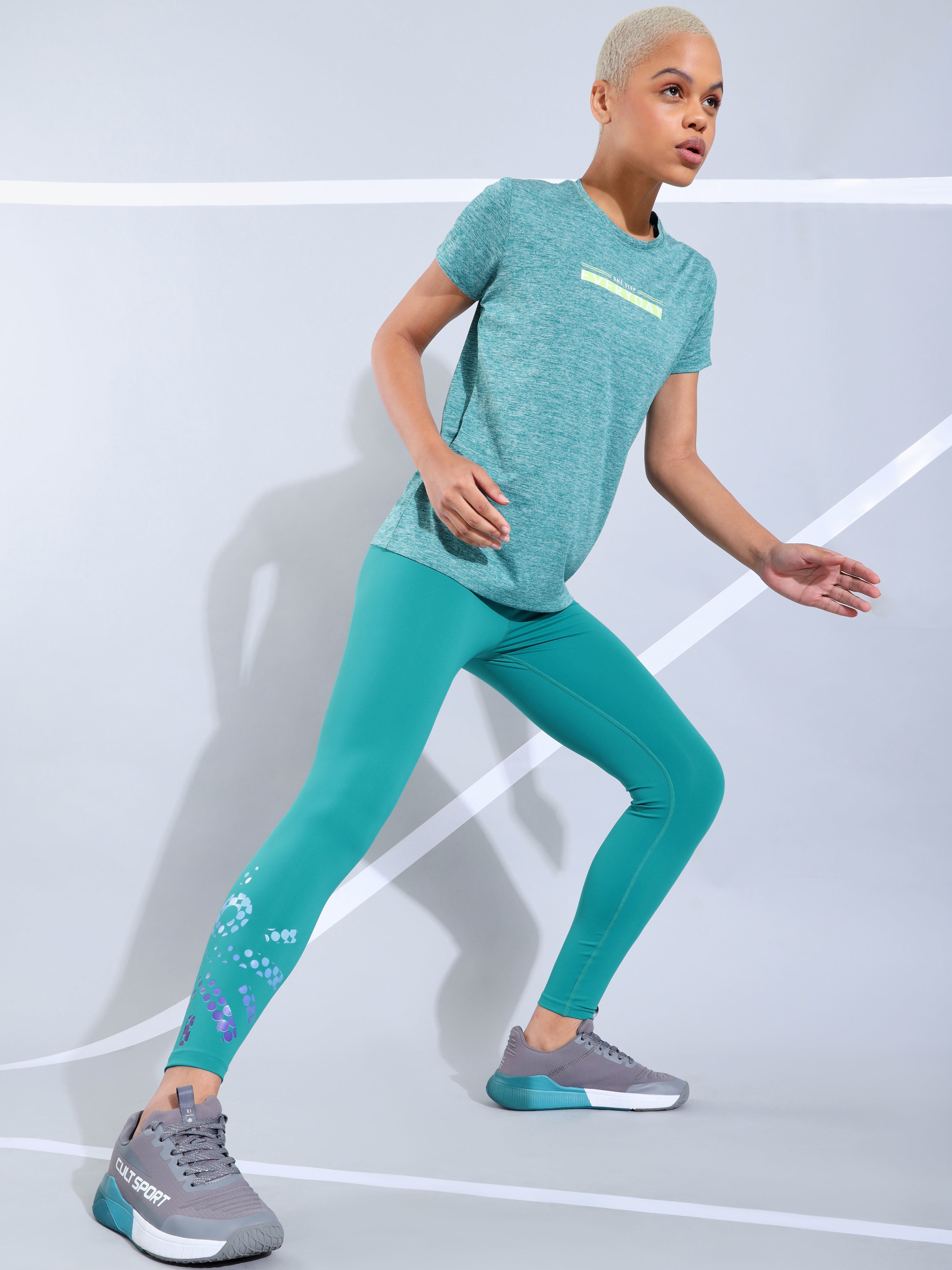 Greenish Teal Absolute Fit Tights with Logo Print and Back Pocket