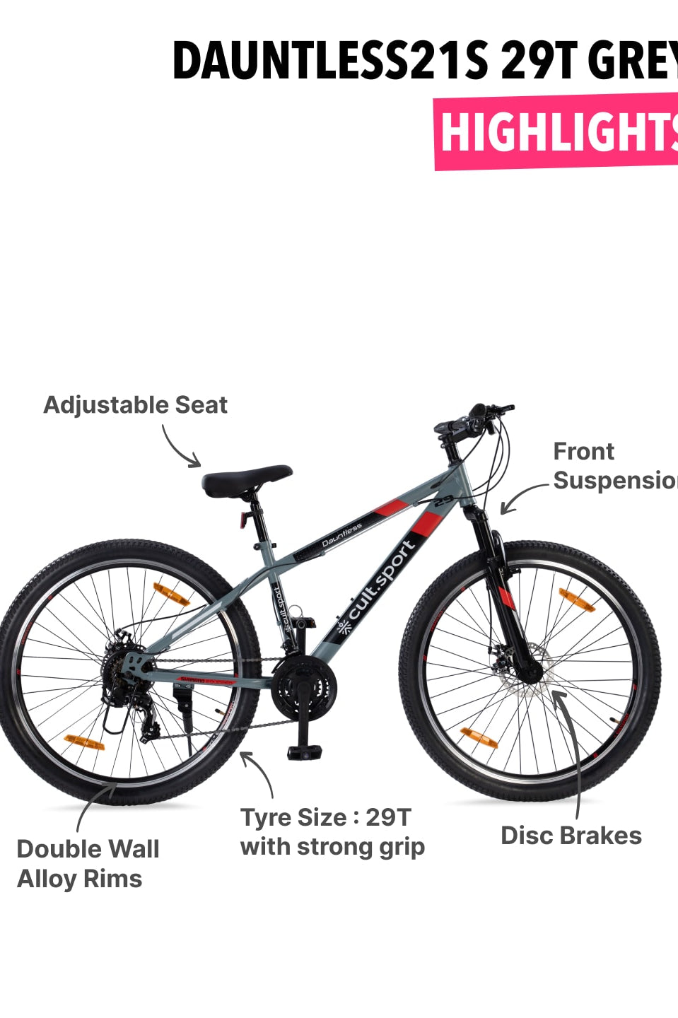 DAUNTLESS21S29TGREYSteel 21 Speed Shimano Gear 29 inch Mountain Cycle, Dual Disc Brake, Front Suspension and Double Wall Rim