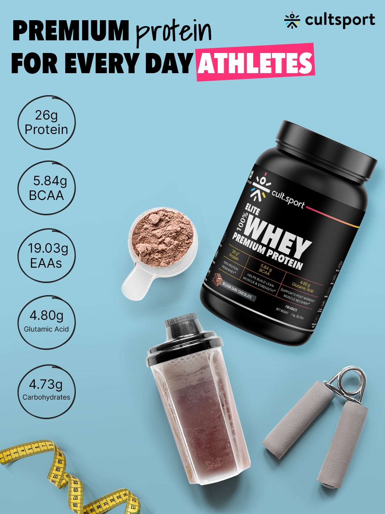 100% Whey Protein Premium Protein - 1kg | Sugar free | Protein Powder for Men & Women for Muscle Support & Recovery | 25g Protein Per Serving | 2.5g BCAA, 3.9g Glutamic acid | Belgium Dark Chocolate