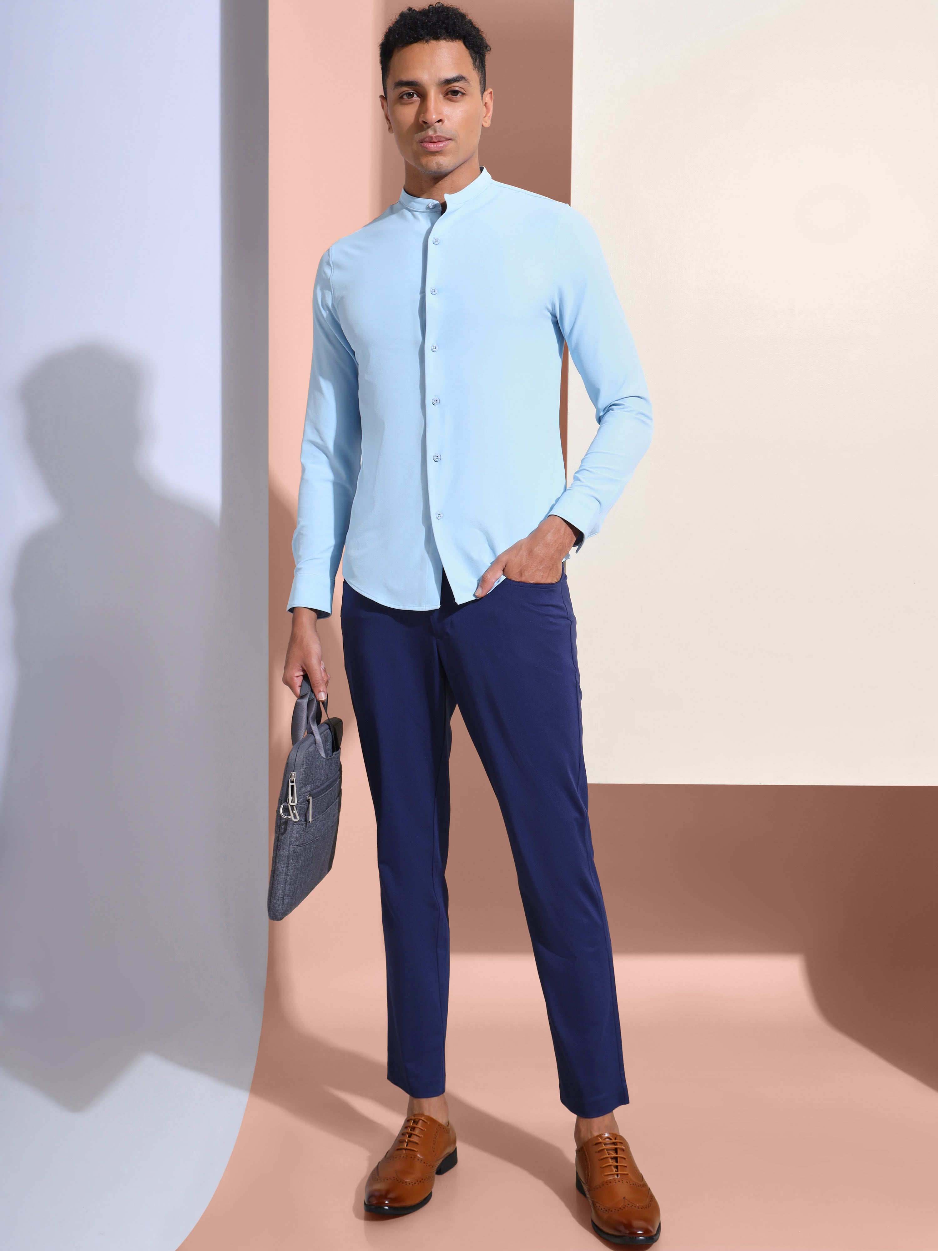 Slim Fit Band Collar Solid Shirt