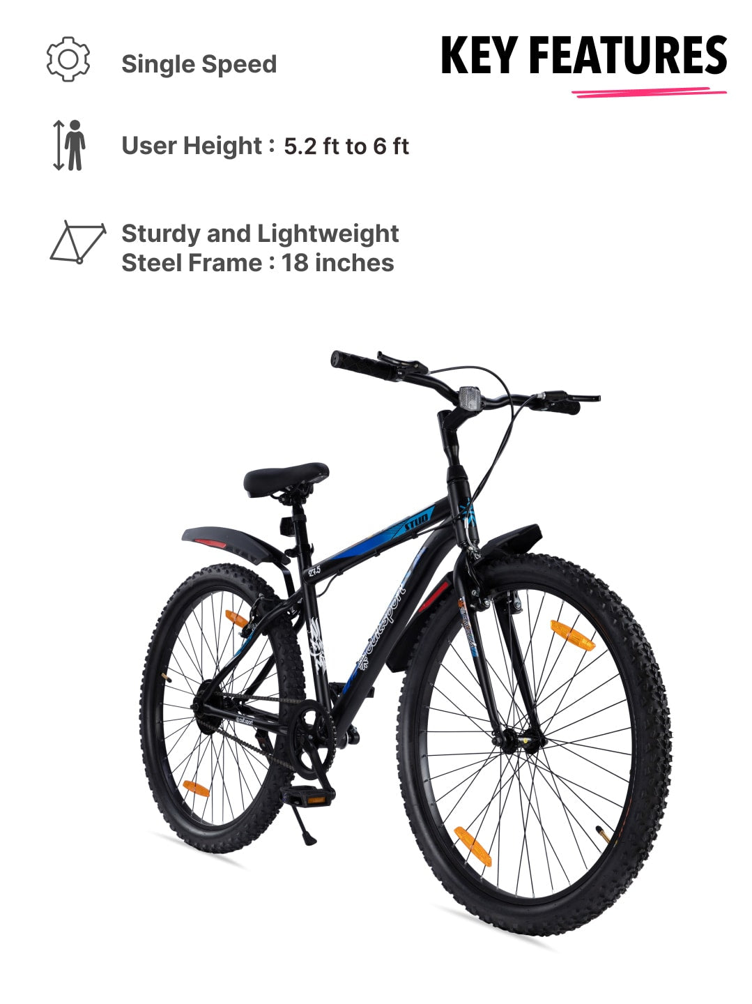 STUDPRO27.5TBLACK Steel Single Speed 27.5 inch Mountain Cycle with Single Wall Rim and Rigid Fork