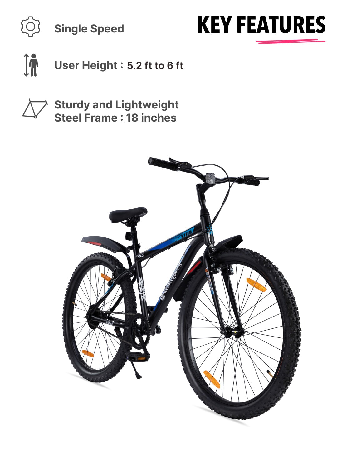 STUDPRO27.5TBLACK Steel Single Speed 27.5 inch Mountain Cycle with Single Wall Rim and Rigid Fork