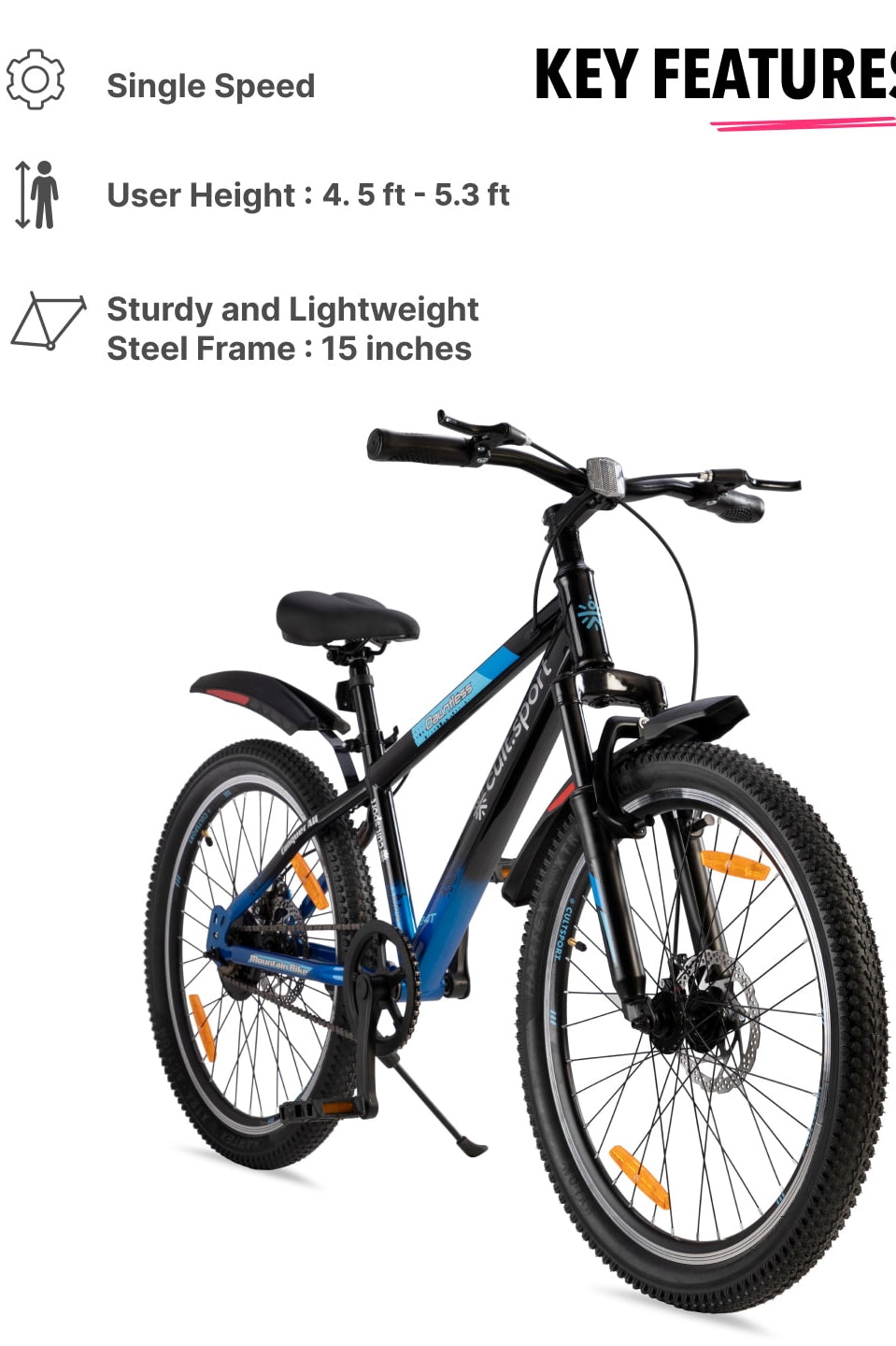 Dauntless24TBlue Steel Single Speed 24 inch Mountain Cycle, Front Suspension, Double Wall Rim and Dual Disc Bake