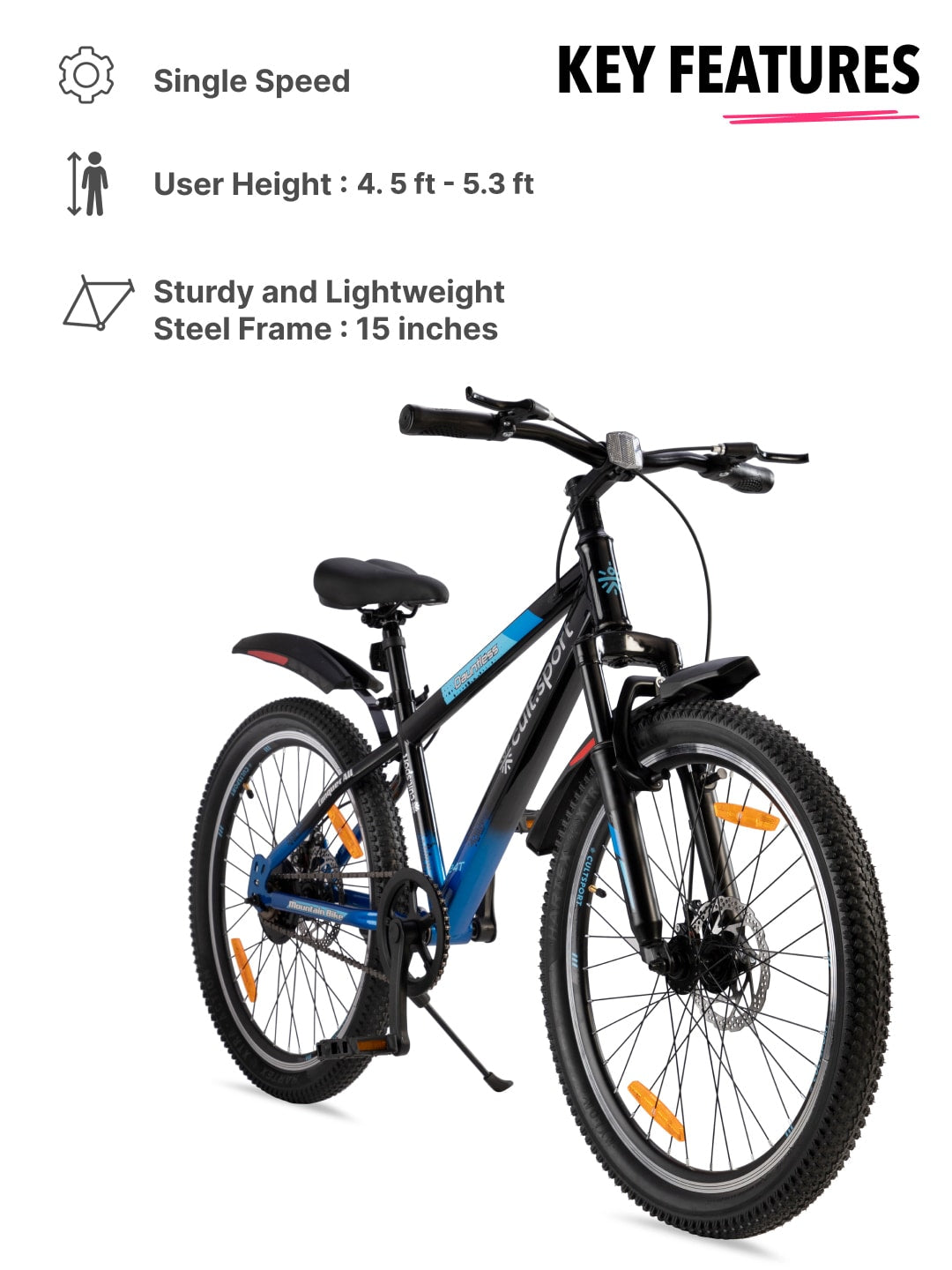 Dauntless24TBlue Steel Single Speed 24 inch Mountain Cycle, Front Suspension, Double Wall Rim and Dual Disc Bake