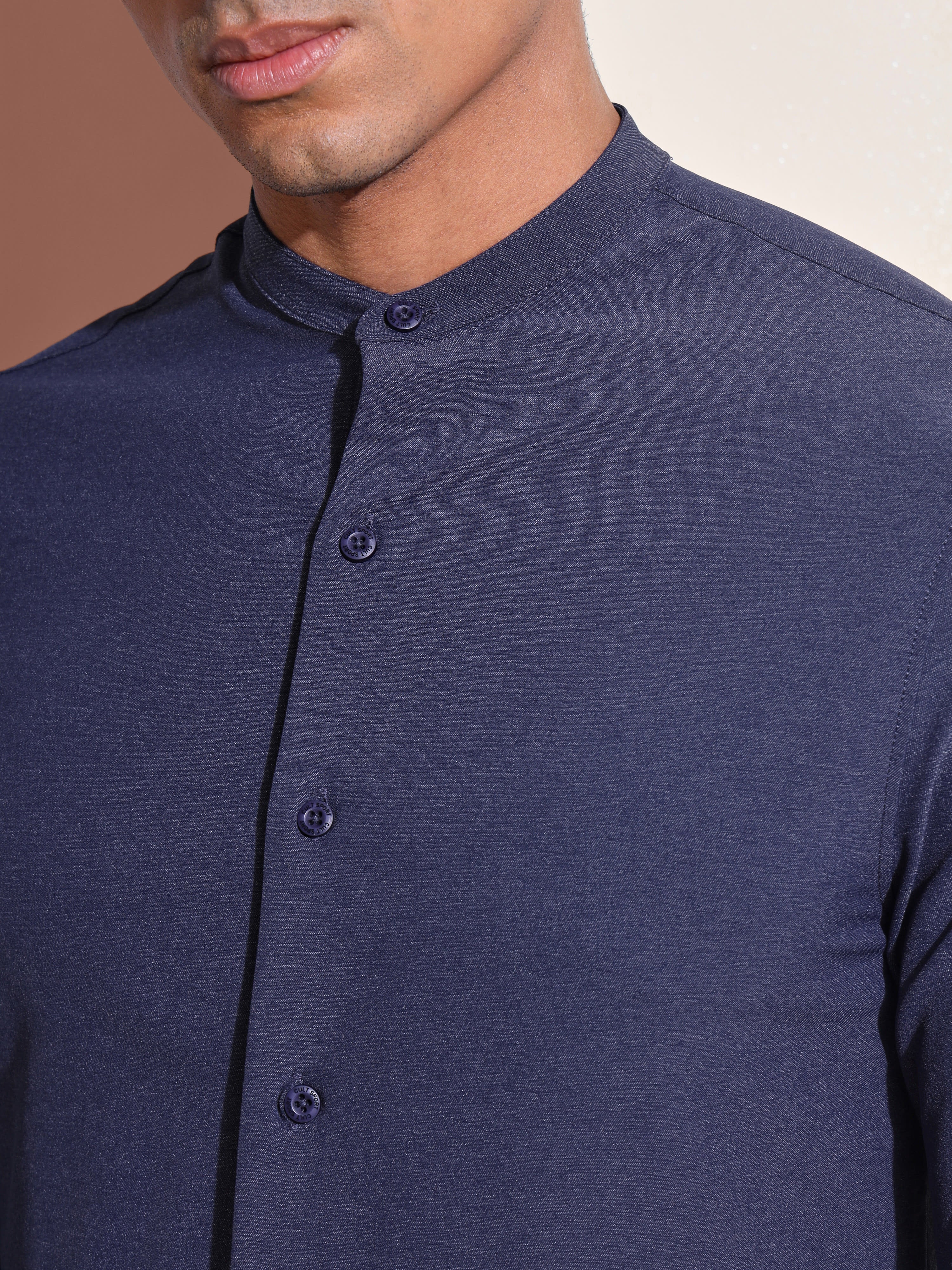 Slim Fit Band Collar Solid Shirt