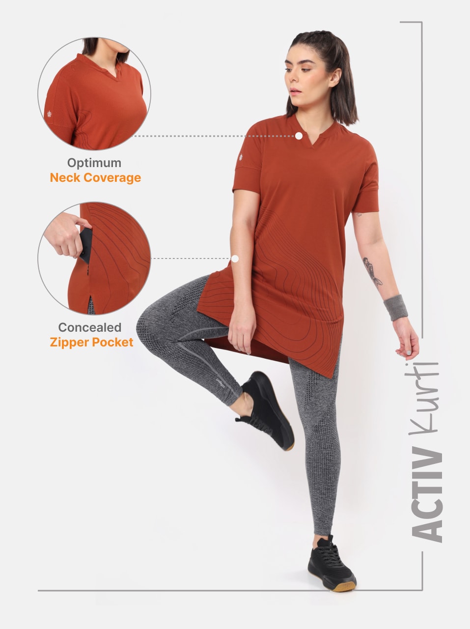 Printed Rust Activ-Kurti with Side Pocket For Women