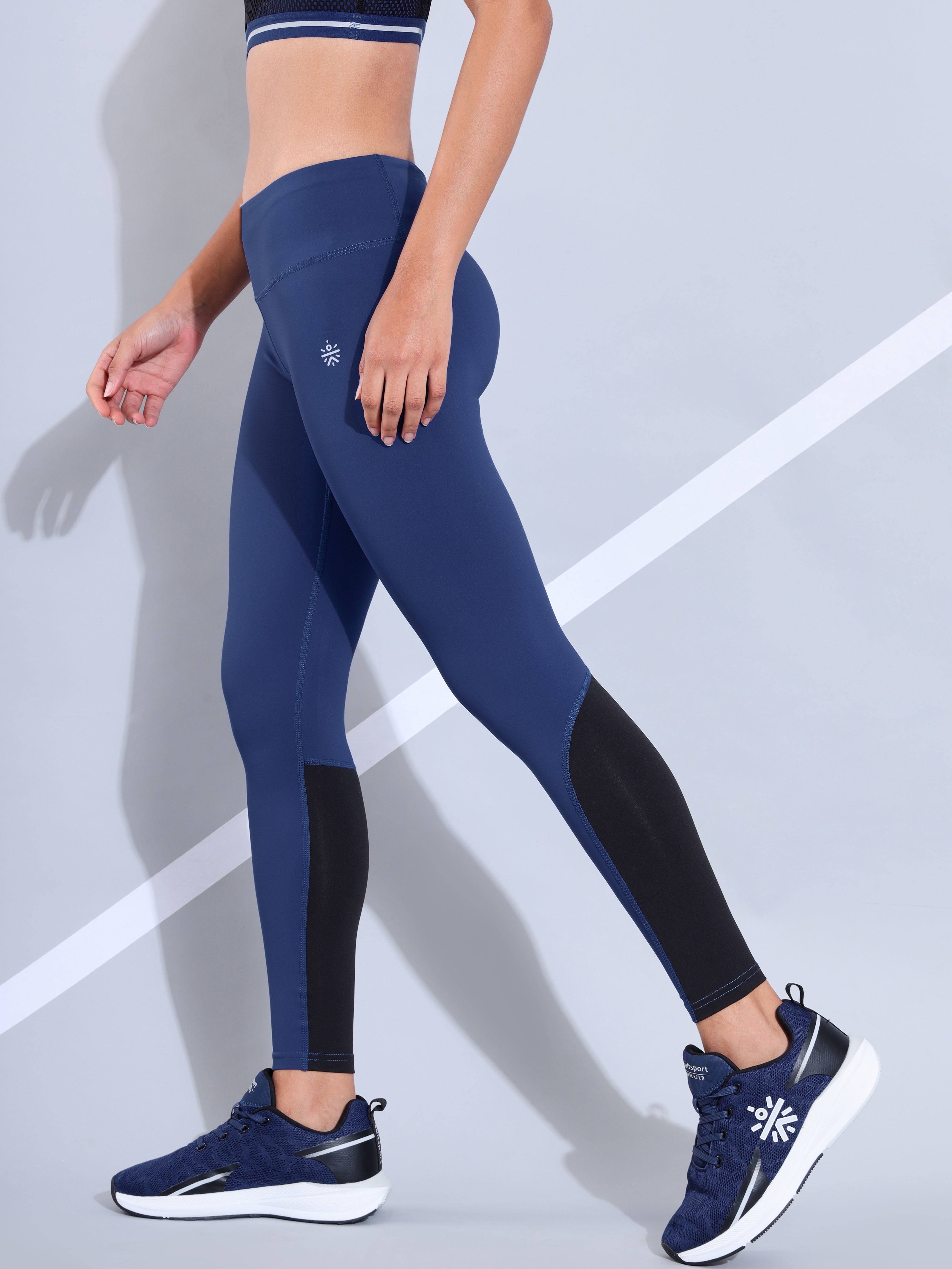 Navy Absolute Fit Tights with Black Color Block Panels and Back Pocket