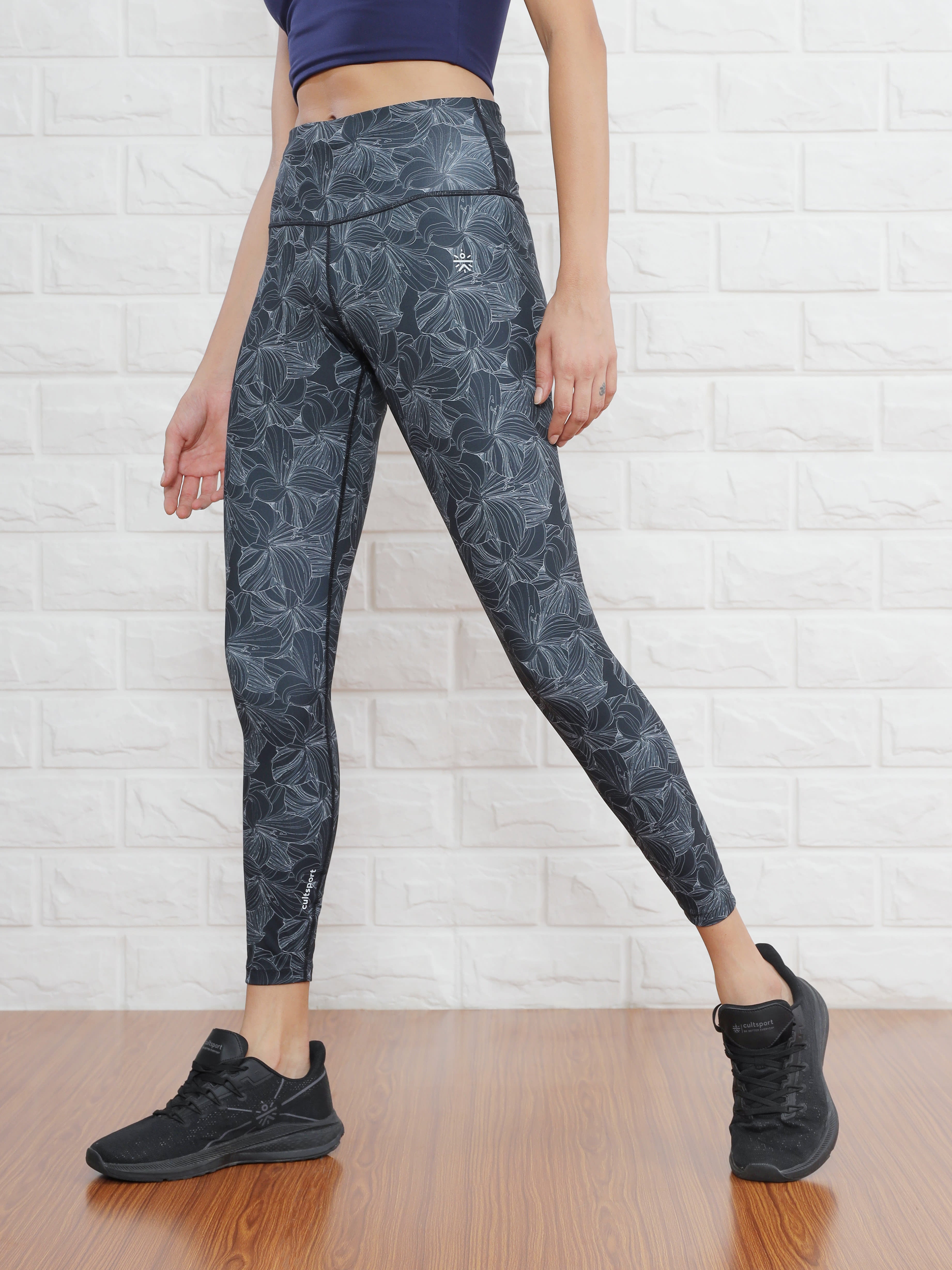 Floral Black Absolute Fit Tights with Side Pocket