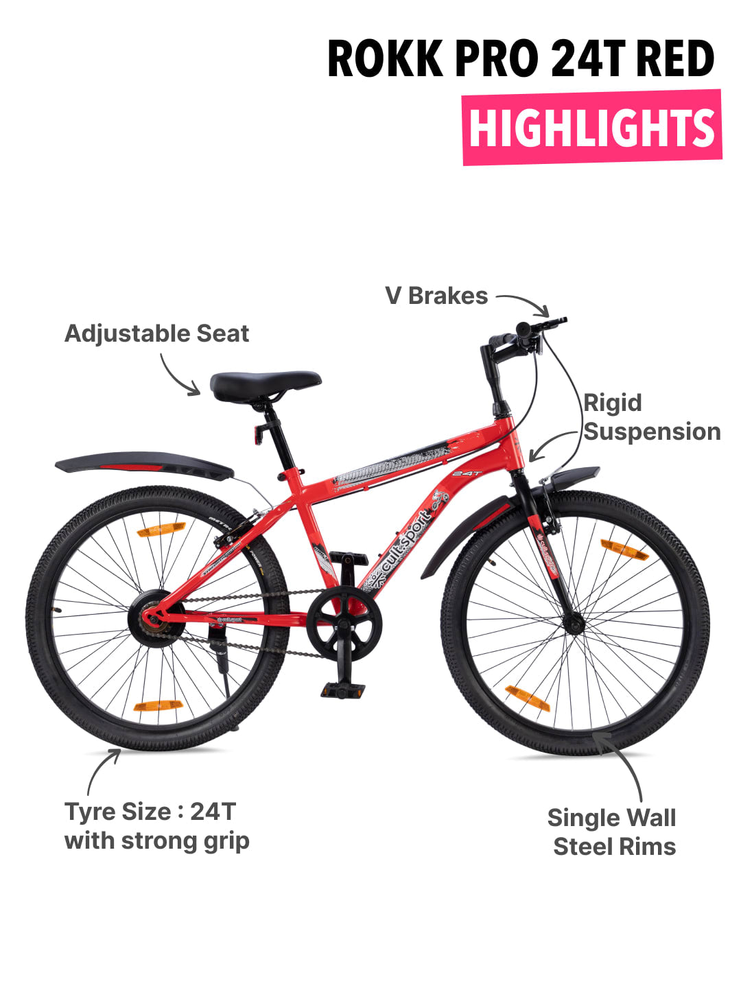 ROKKPRO24TRED Steel Single Speed 24 inch Mountain Cycle with Single Wall Rim and Rigid Fork