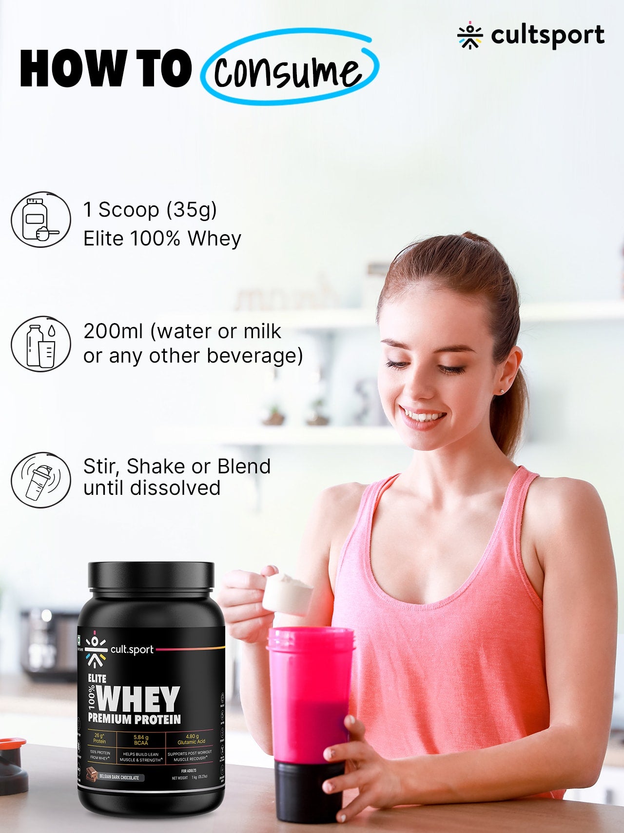 100% Whey Protein Premium Protein - 1kg | Sugar free | Protein Powder for Men & Women for Muscle Support & Recovery | 25g Protein Per Serving | 2.5g BCAA, 3.9g Glutamic acid | Belgium Dark Chocolate