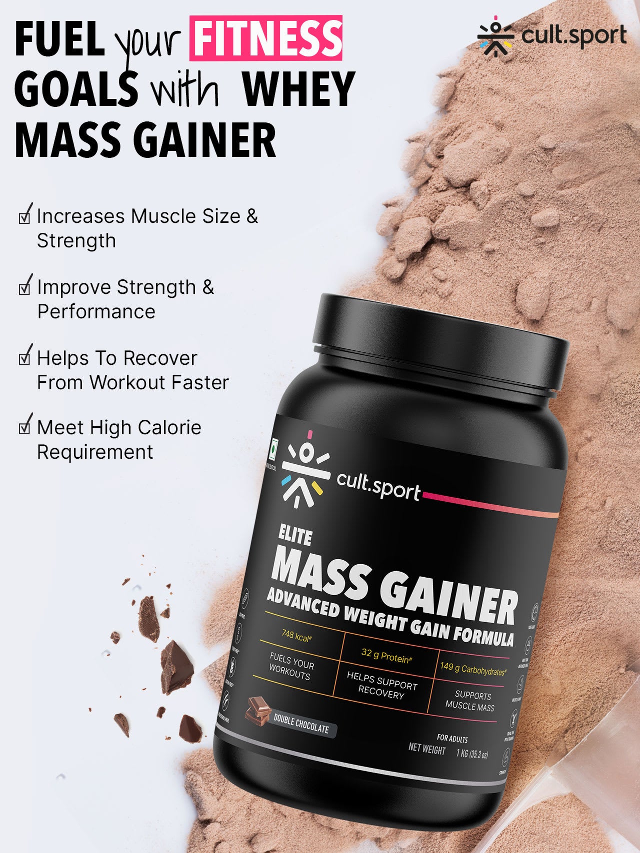 Cultsport Whey Mass Gainer | 20 Vital Vitamins & Minerals | Chocolate | Whey Protein Concentrate | Soy-Free | Gluten-Free | 0 Colesterol | Prebiotic Fiber