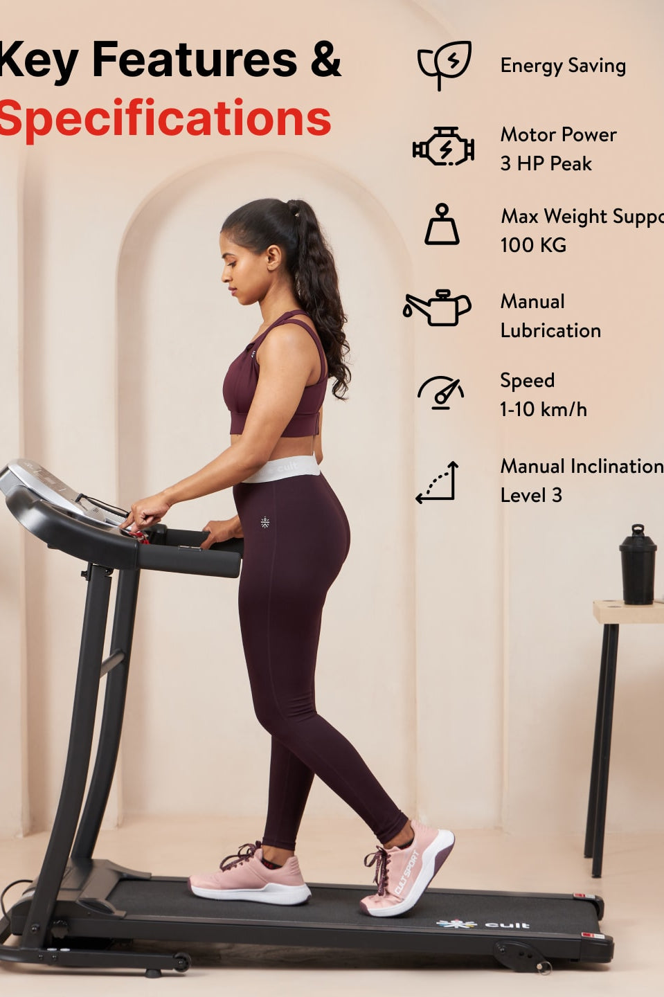 Cultrun S3.0 3HP Peak Treadmill | 3-level Manual-Incline | Max Weight-100kg | Max Speed-10kmph (with 6 months extended warranty)