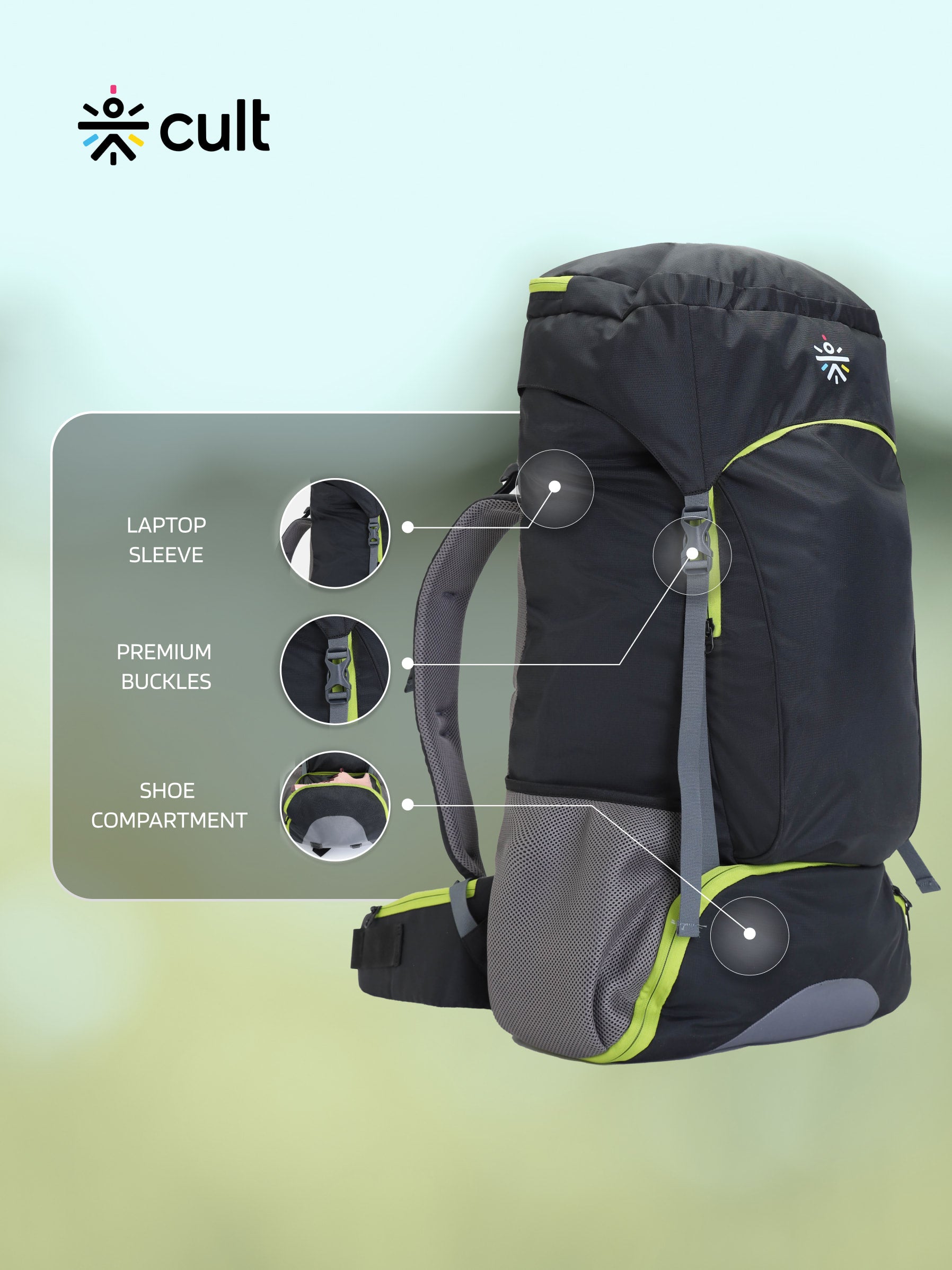 cult 55 Litre Standard Backpack Daypack Bag For Camping Hiking Trekking Black Green