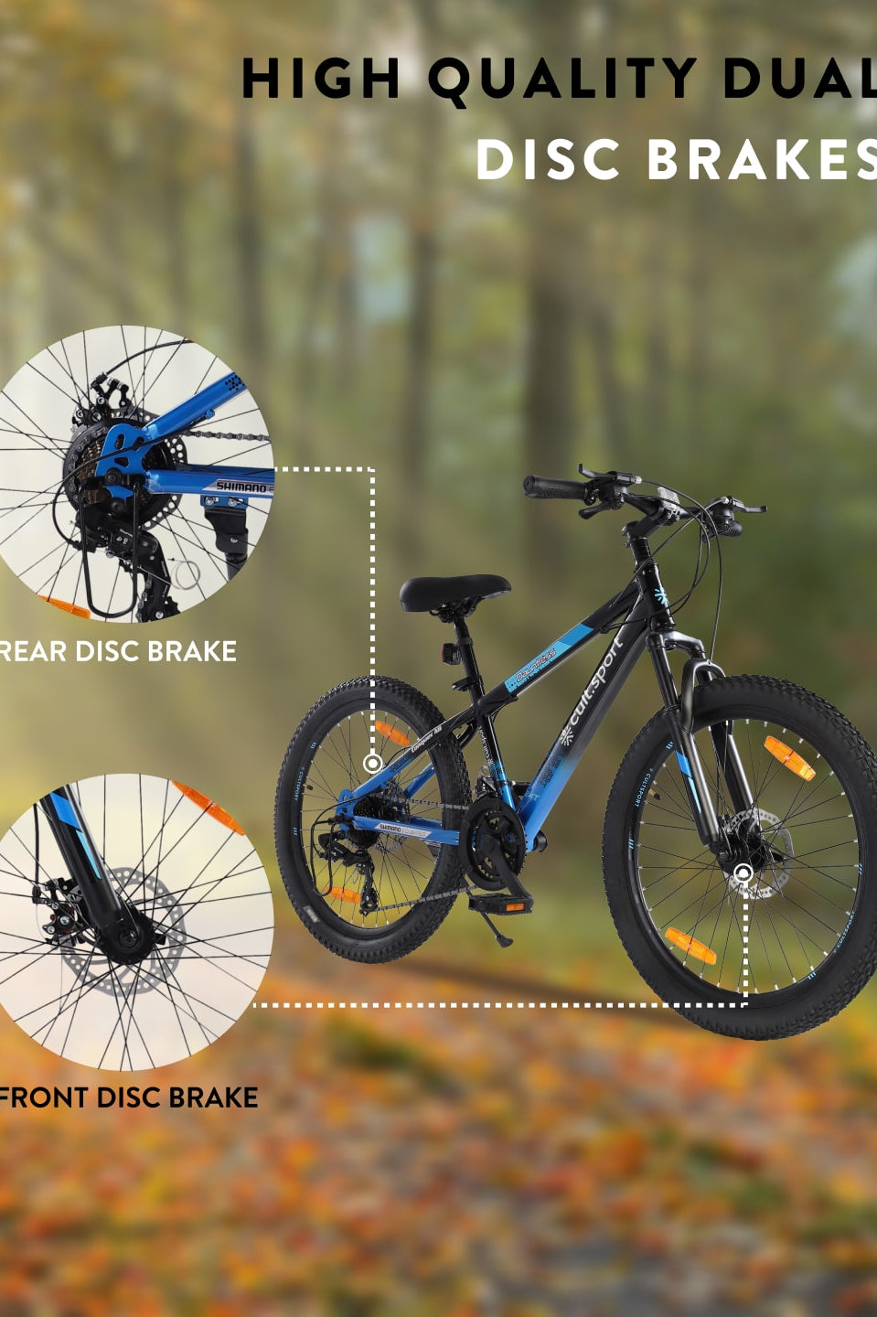 Dauntless 24T Steel Mountain Bike – 21 Speed Shimano Gear, Dual Disc Brake, Front Suspension (Black/Blue)
