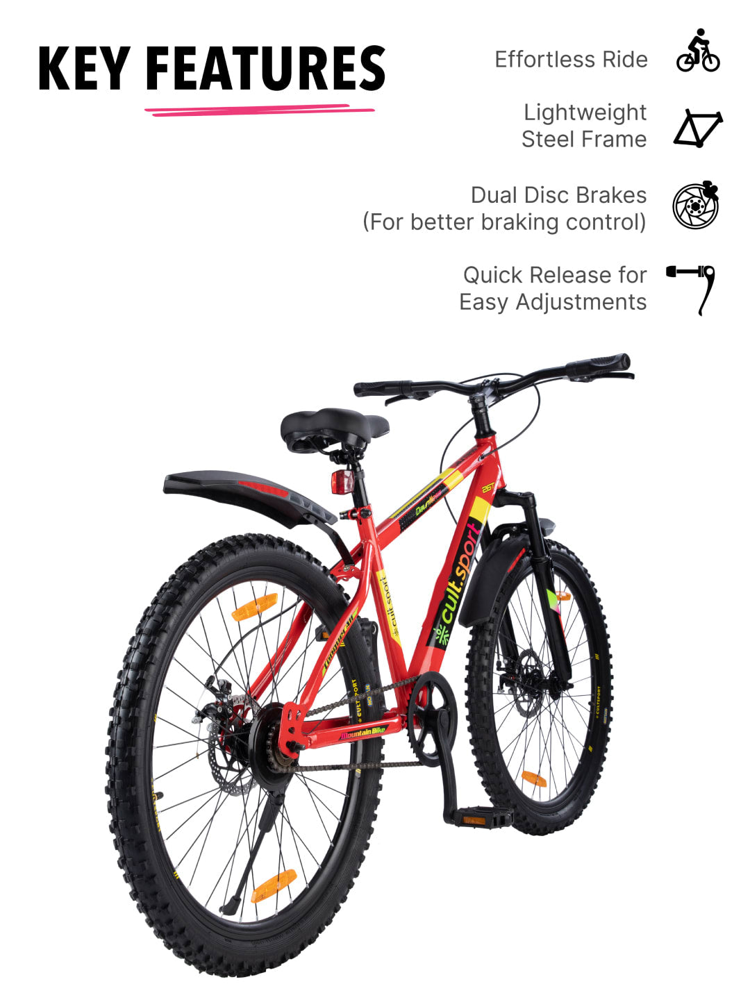 Dauntless26Red Steel Single Speed 26 inch Mountain Cycle, Front Suspension, Double Wall Rim and Dual Disc Brake