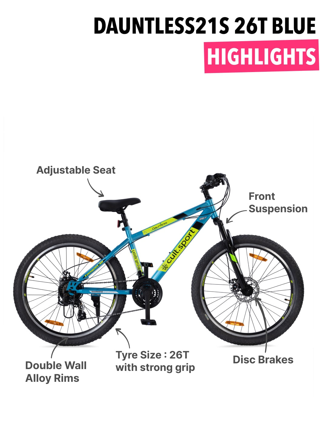 DAUNTLESS21S26TBLUE Steel 21 Speed Shimano Gear 26 inch Mountain Cycle, Dual Disc Brake, Front Suspension and Double Wall Alloy Rim