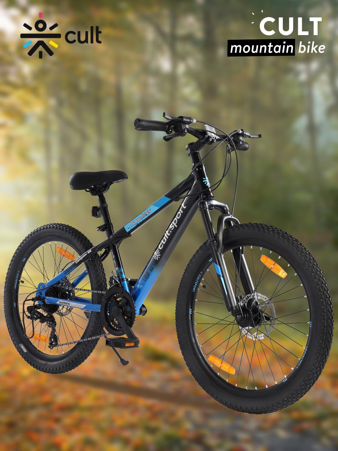 Dauntless 24T Steel Mountain Bike – 21 Speed Shimano Gear, Dual Disc Brake, Front Suspension (Black/Blue)