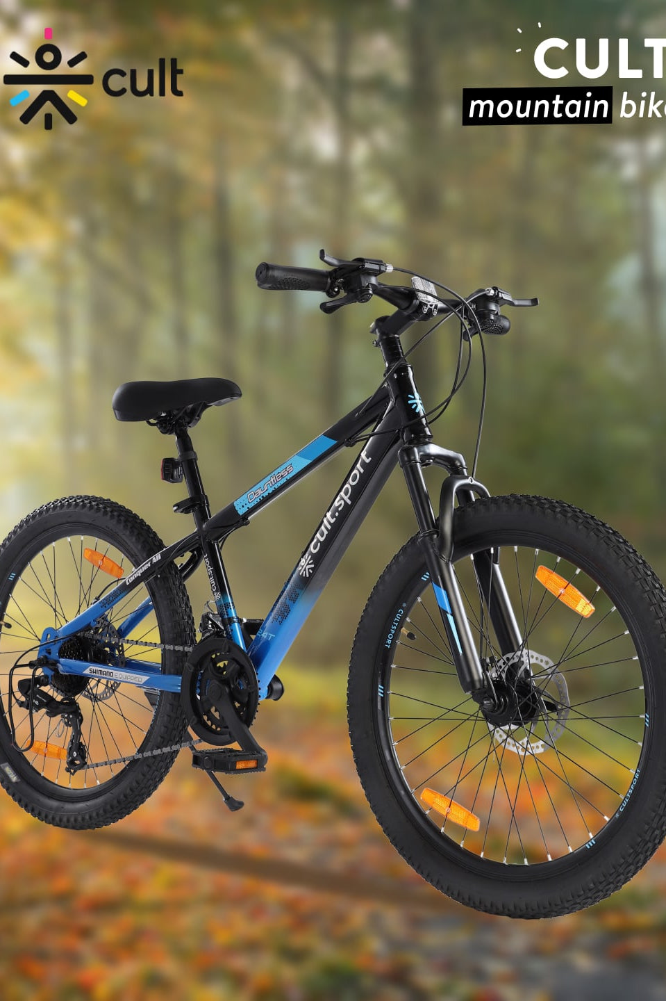 Dauntless 24T Steel Mountain Bike – 21 Speed Shimano Gear, Dual Disc Brake, Front Suspension (Black/Blue)