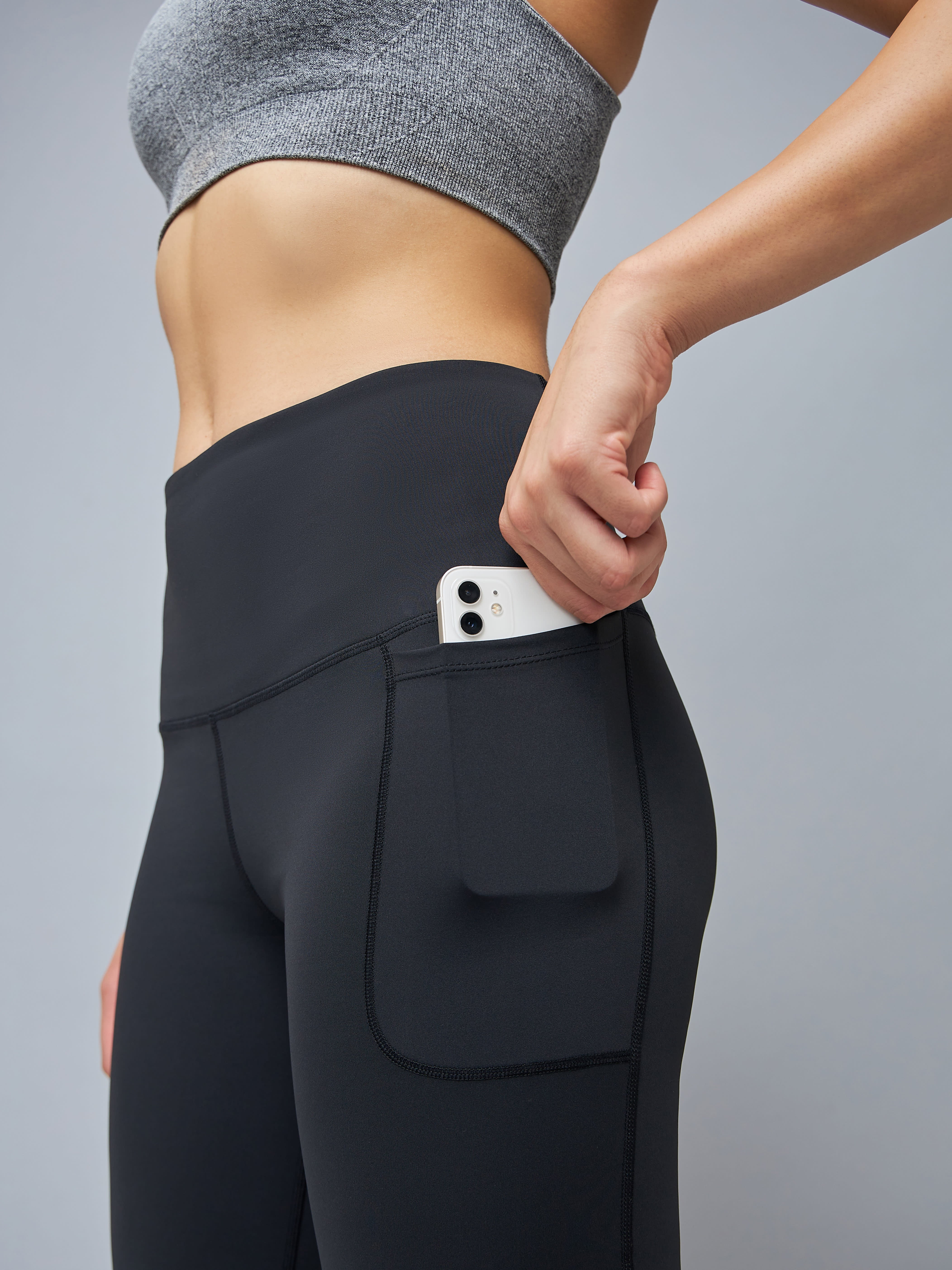 Black Solid High Waist Straight Pants with Pockets