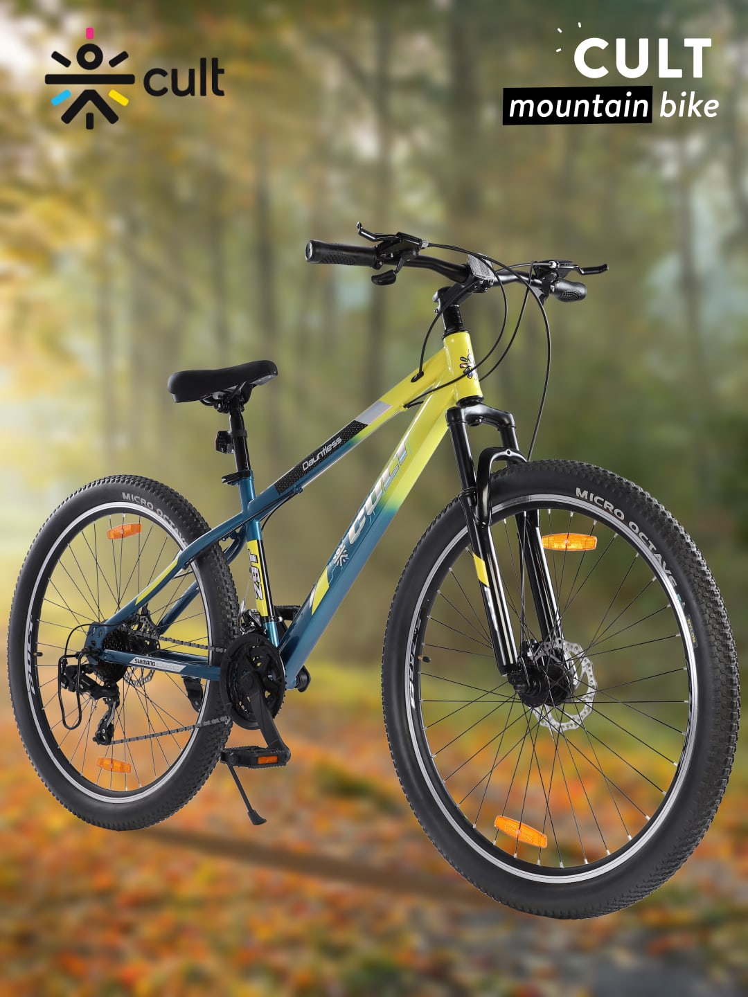 DAUNTLESS21S29TYELLOWBLUE Steel 21 Speed Shimano Gear 29 inch Mountain Cycle, Dual Disc Brake, Front Suspension, Double Wall Rim