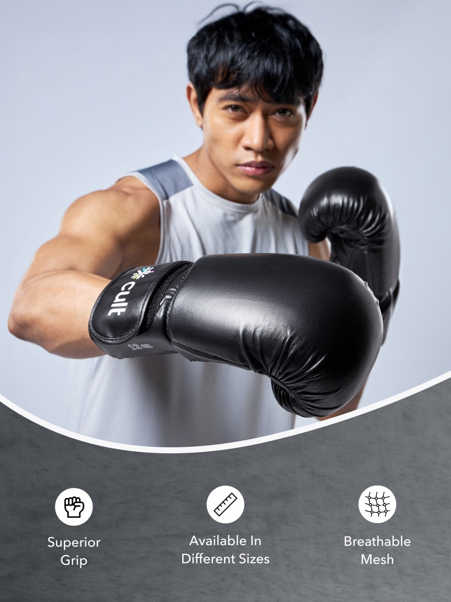 cult Premium Leather Boxing Gloves for Men & Women Foam Padding Thickness 35 mm Punching Bag Gloves for Boxing, Training, Kickboxing, Muay Thai, MMA Boxing Gloves Black