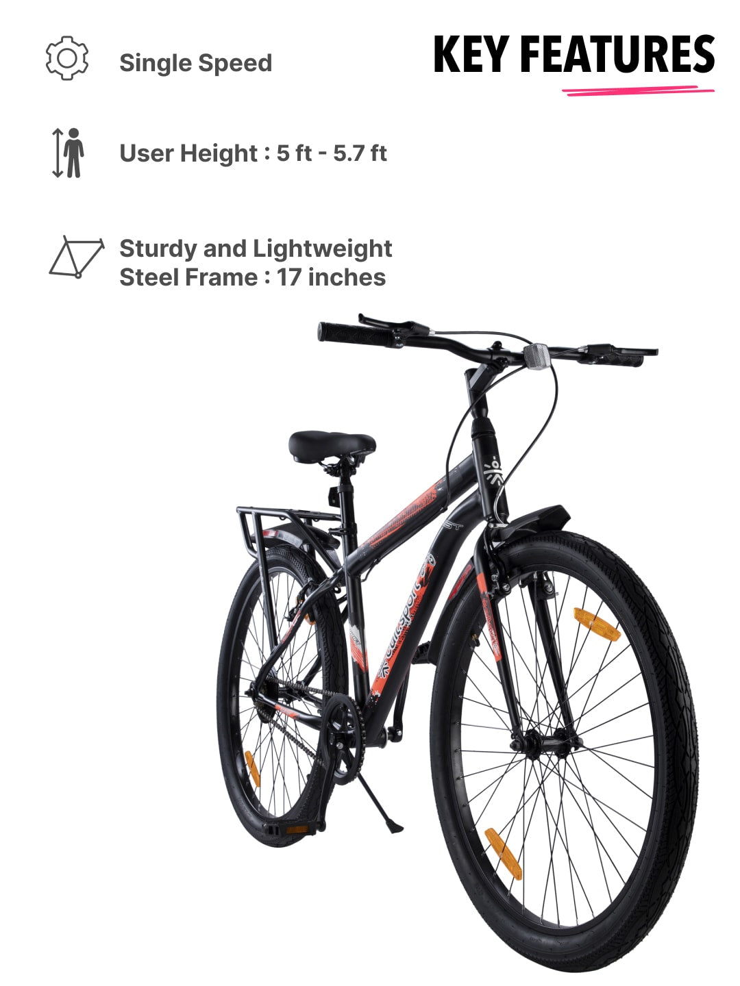 ROKKIBC26Black Steel Single Speed 26 inch Mountain Cycle, with Single Wall Rim and Rigid Fork