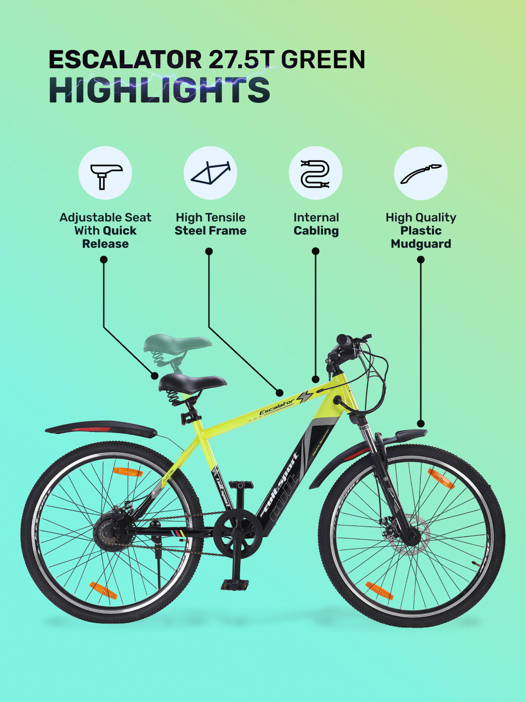 Escalator 27.5T Green with 250W BLDC Motor| 4 Hours Fast Charge| 7.8 Ah Li-ion Battery| Up to 35 Km| 27.5 Inches Wheels| Single Speed Electric Cycle | Ideal for 15+ Years